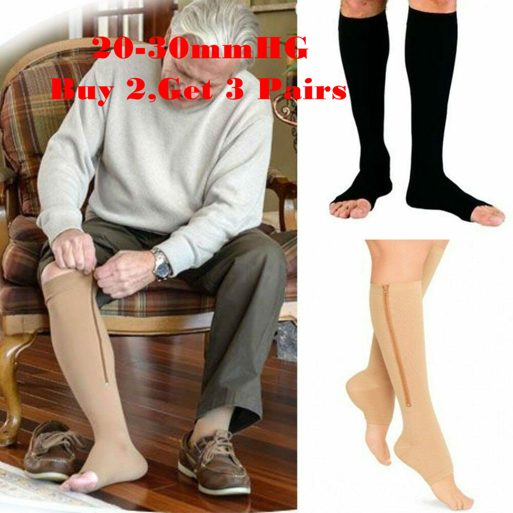 Zipper Compression Socks Open Toe for Men Women Knee High Support Hose 20-30mmHg