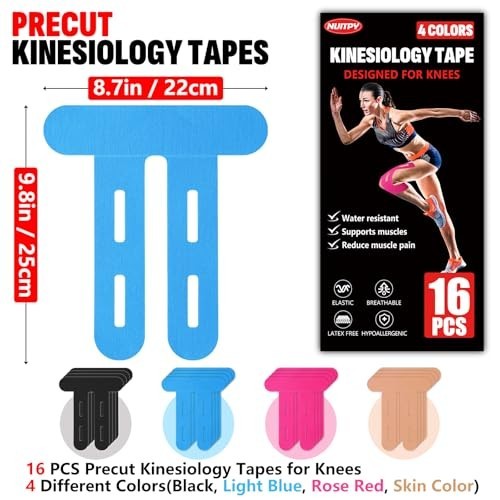16 PCS Kinesiology Tape for Knees, 4 Colors Knee Support Tape, Precut Knee Tape