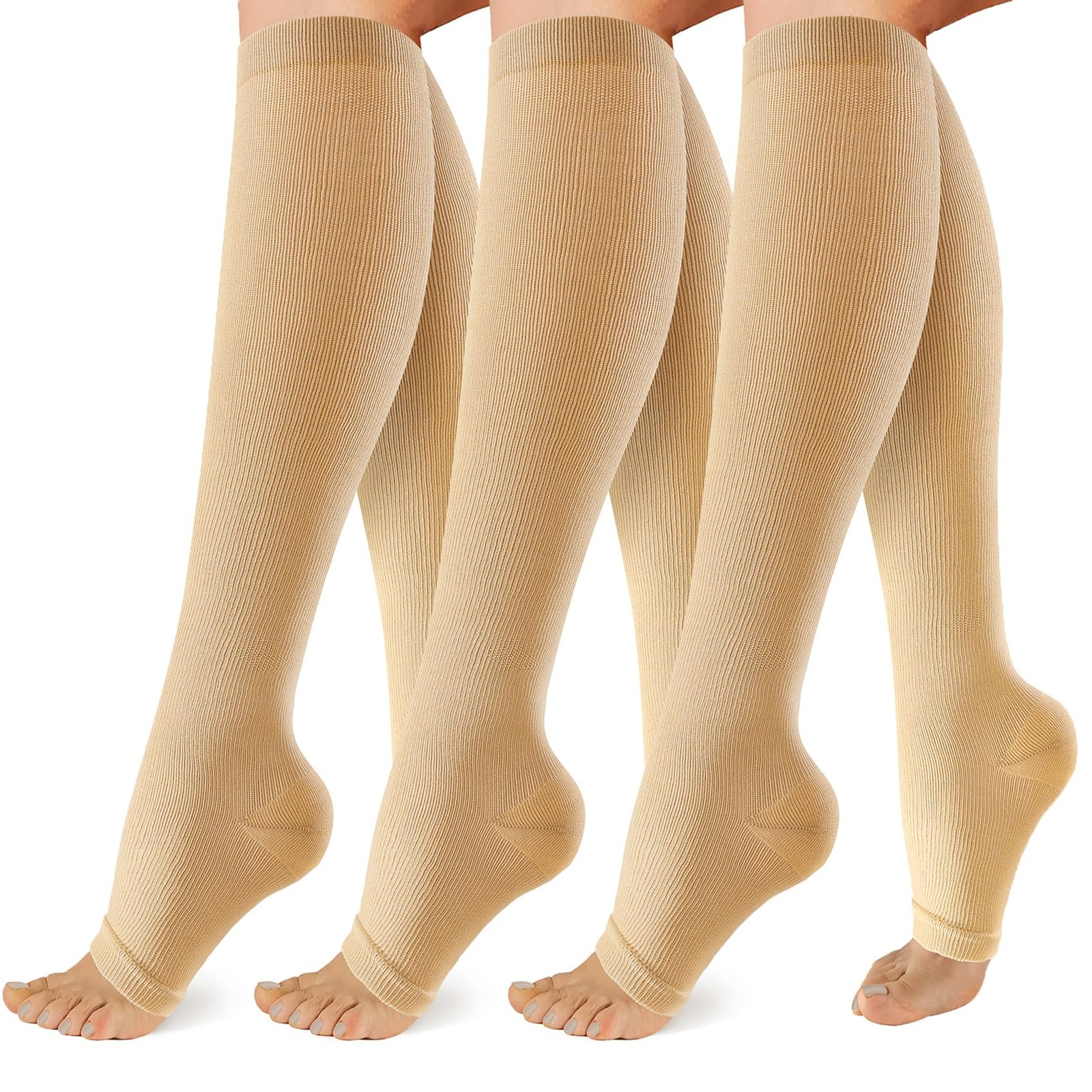 3 Pack 20-30mmHg Open Toe Compression Socks Knee High Support for Men Women