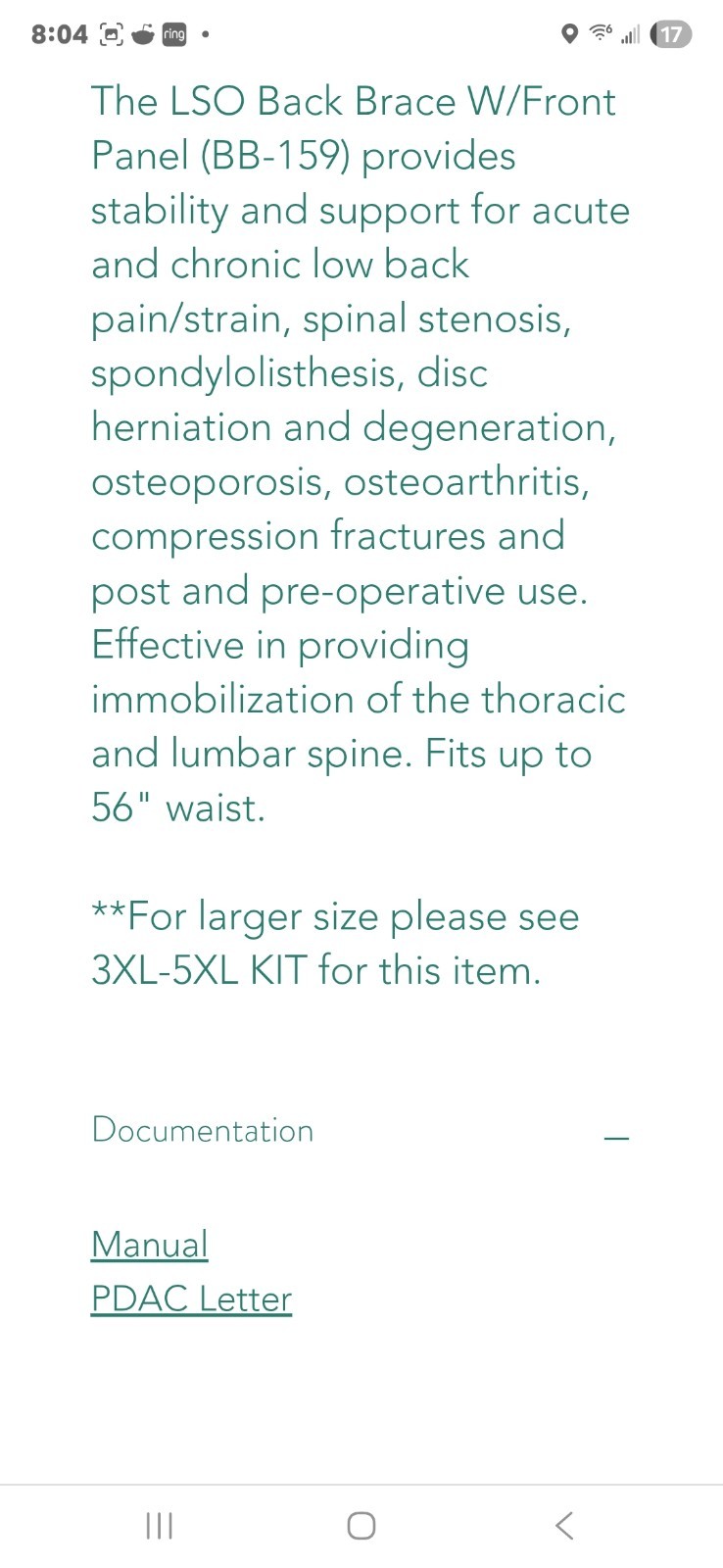 Dr Medical Universal Size DRMS LSO Back Brace w/ Front Panel NEW S-2XL
