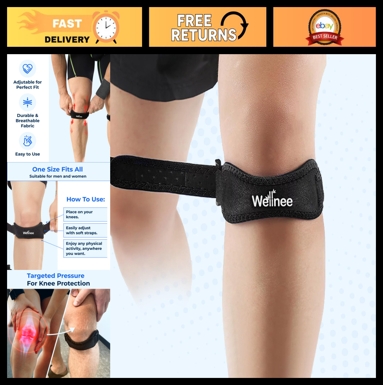 Adjustable Patella Knee Strap Brace for Support – Running, Basketball, Tennis, H