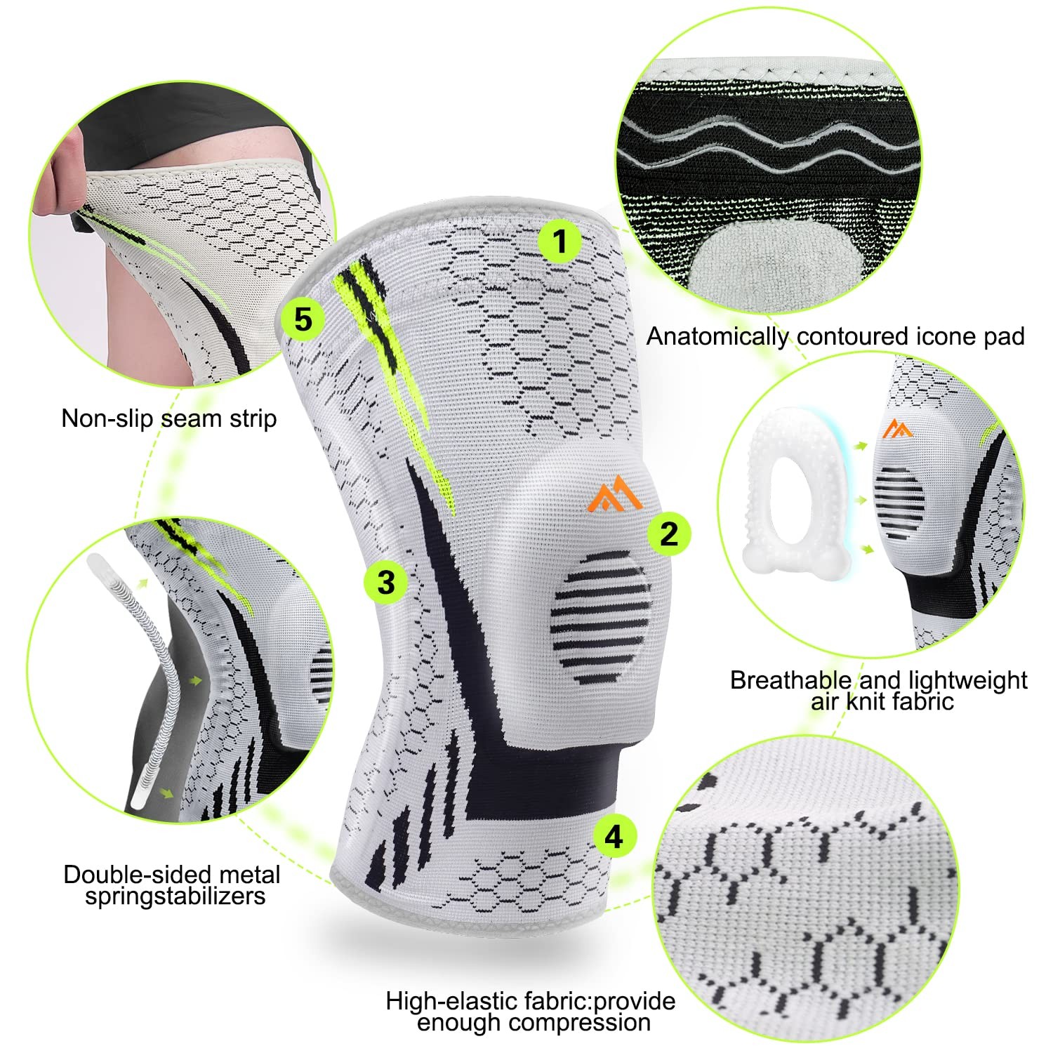 Sooverki Knee Braces for Pain, Brace Compression Sleeve Large, Gray
