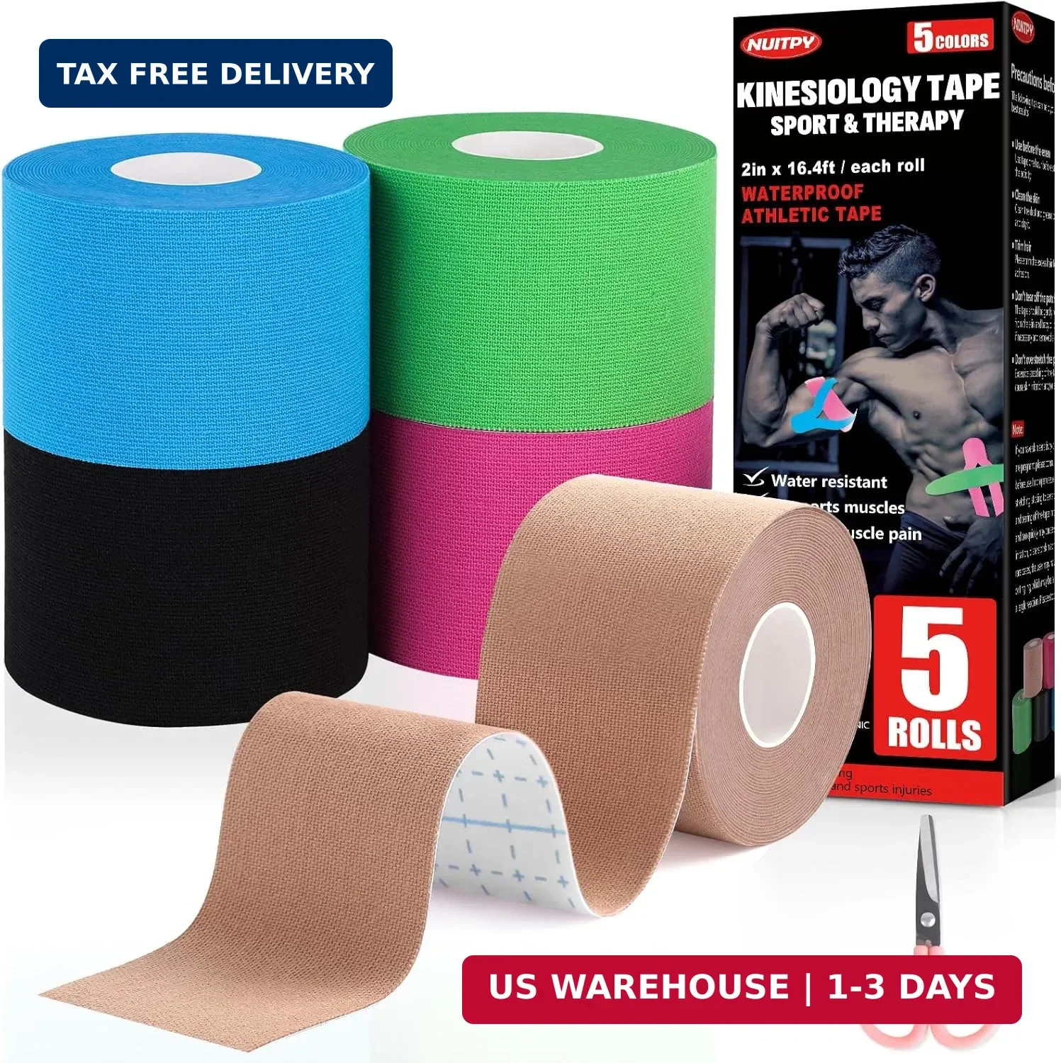 5 Rolls Kinesiology Tape, 5 Colors 2 Inch X 16.4 Feet Waterproof Athletic Tape,