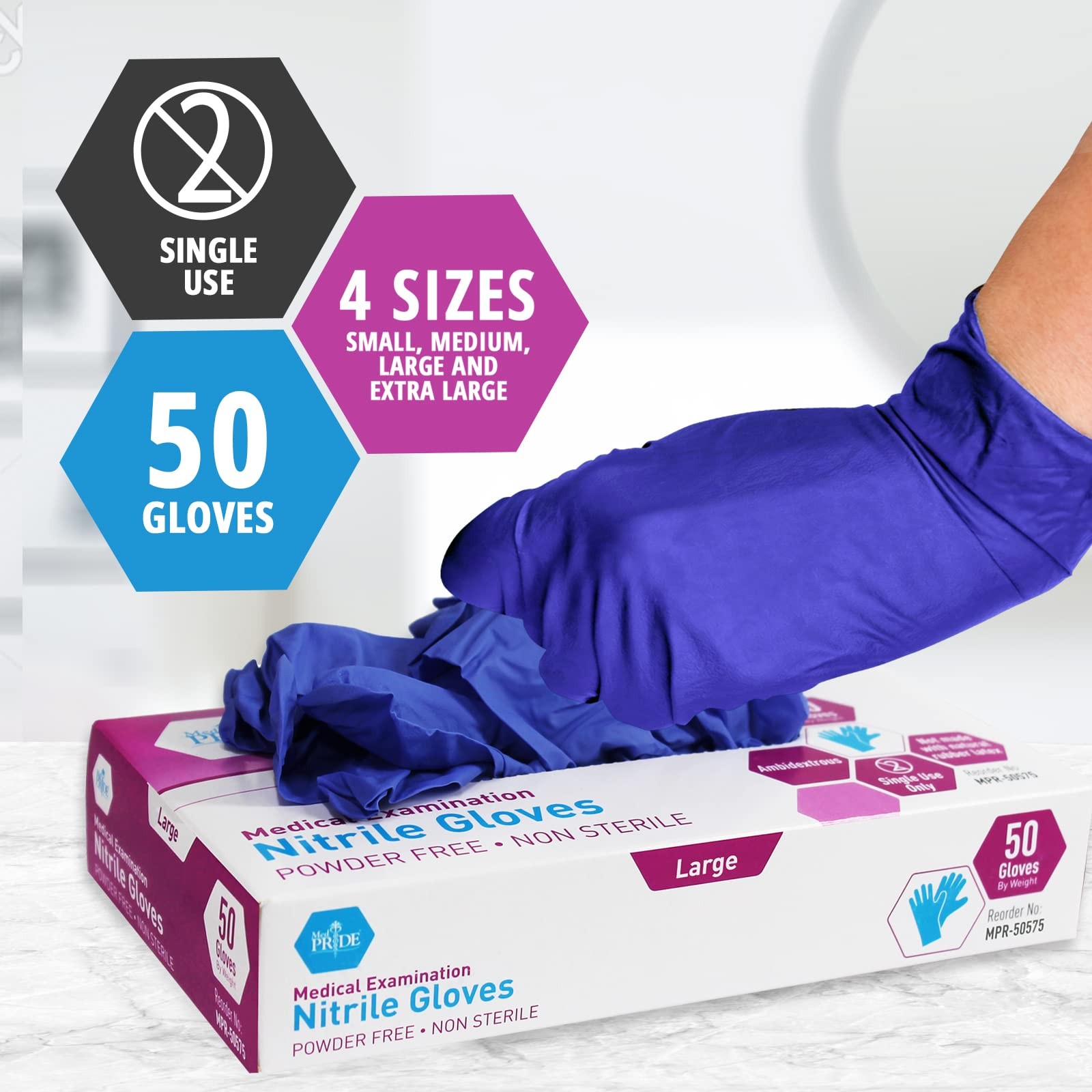 MED PRIDE Puncture-Resistant Nitrile Gloves for Medium (Pack of 50), Blue