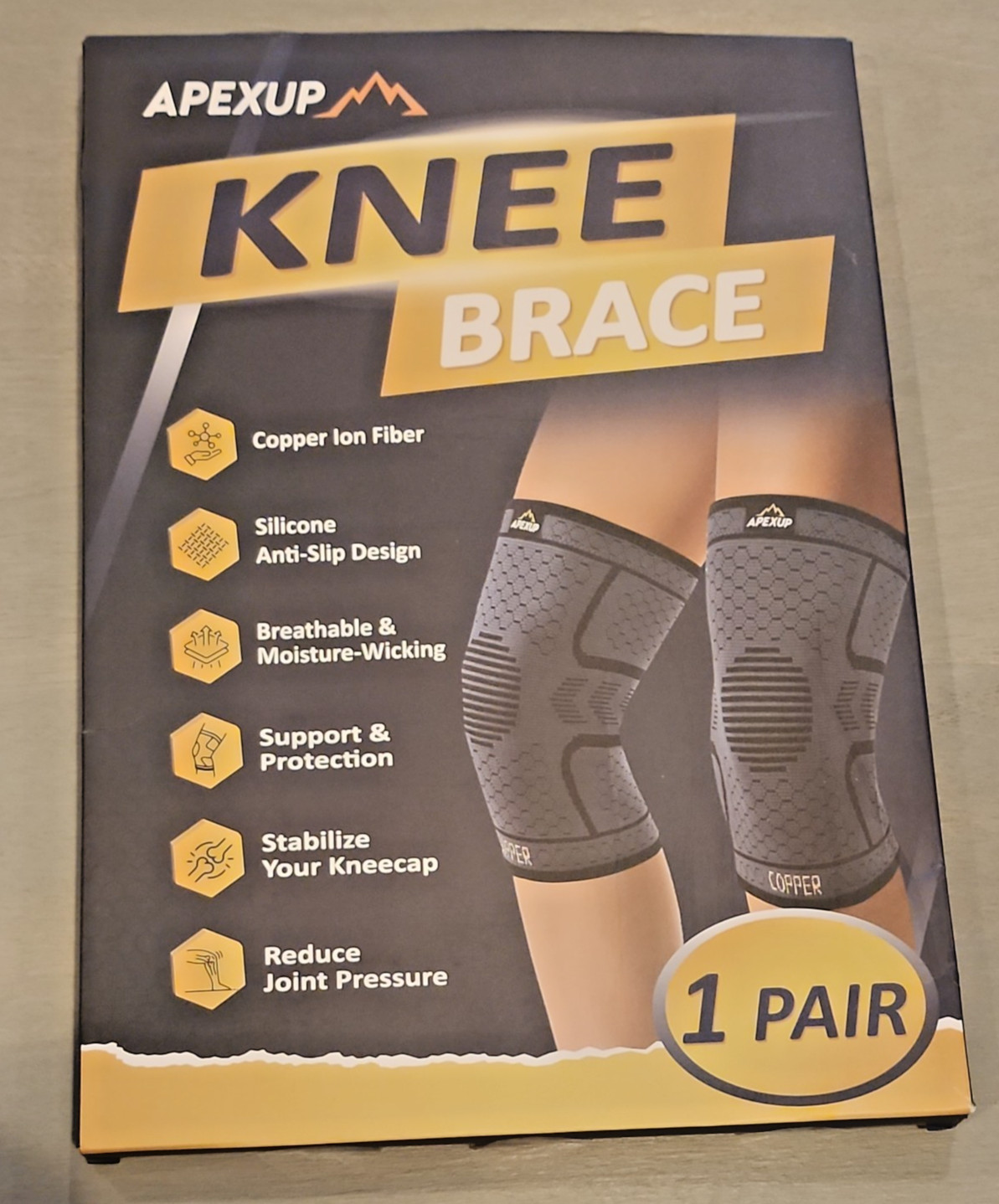 ApexUp Set of 2 Knee Brace Copper Ion Fiber Support Anti-Aging Slip NEW Medium