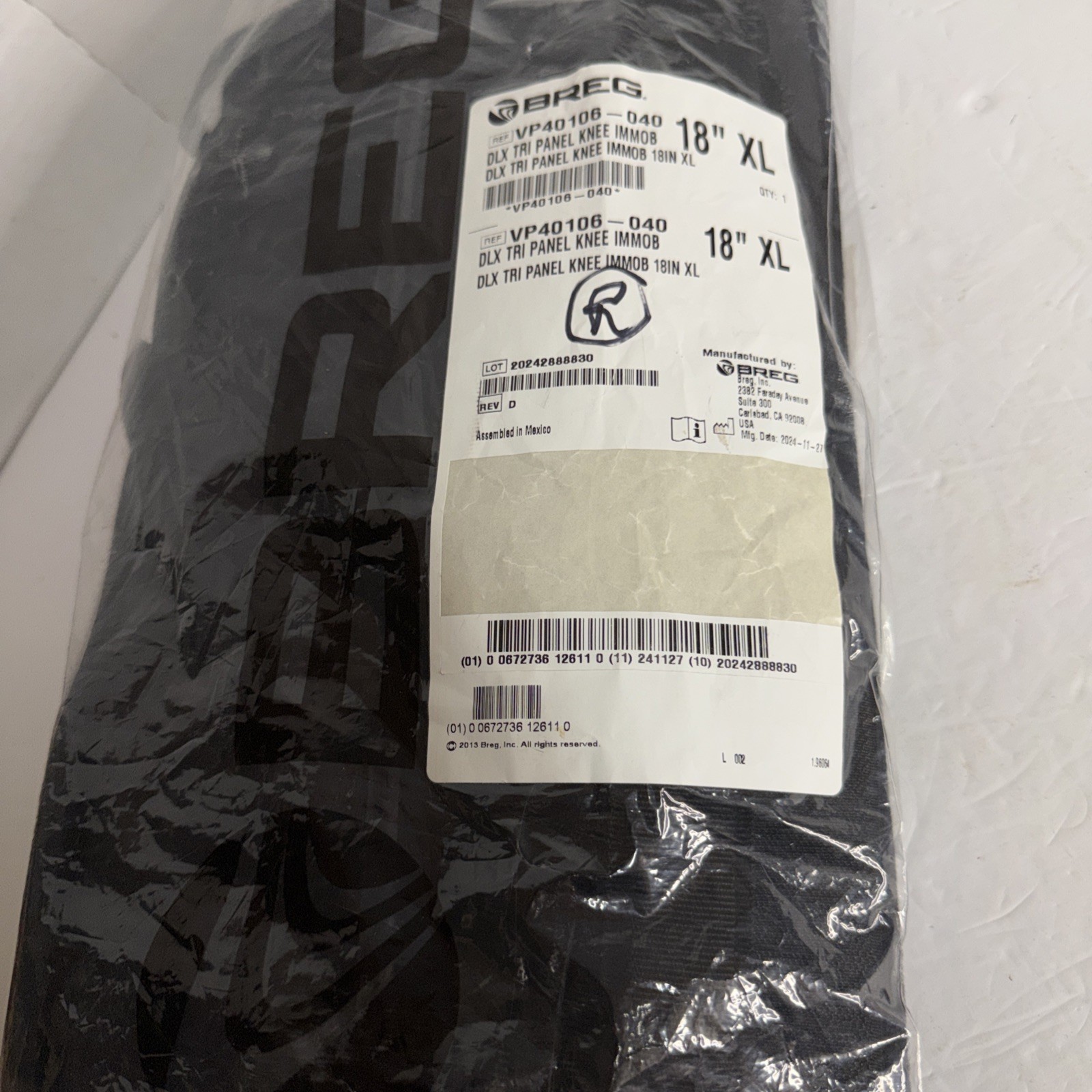 Breg Deluxe Tri Panel Knee Immobilizer 18” XL 40106-040 NIP