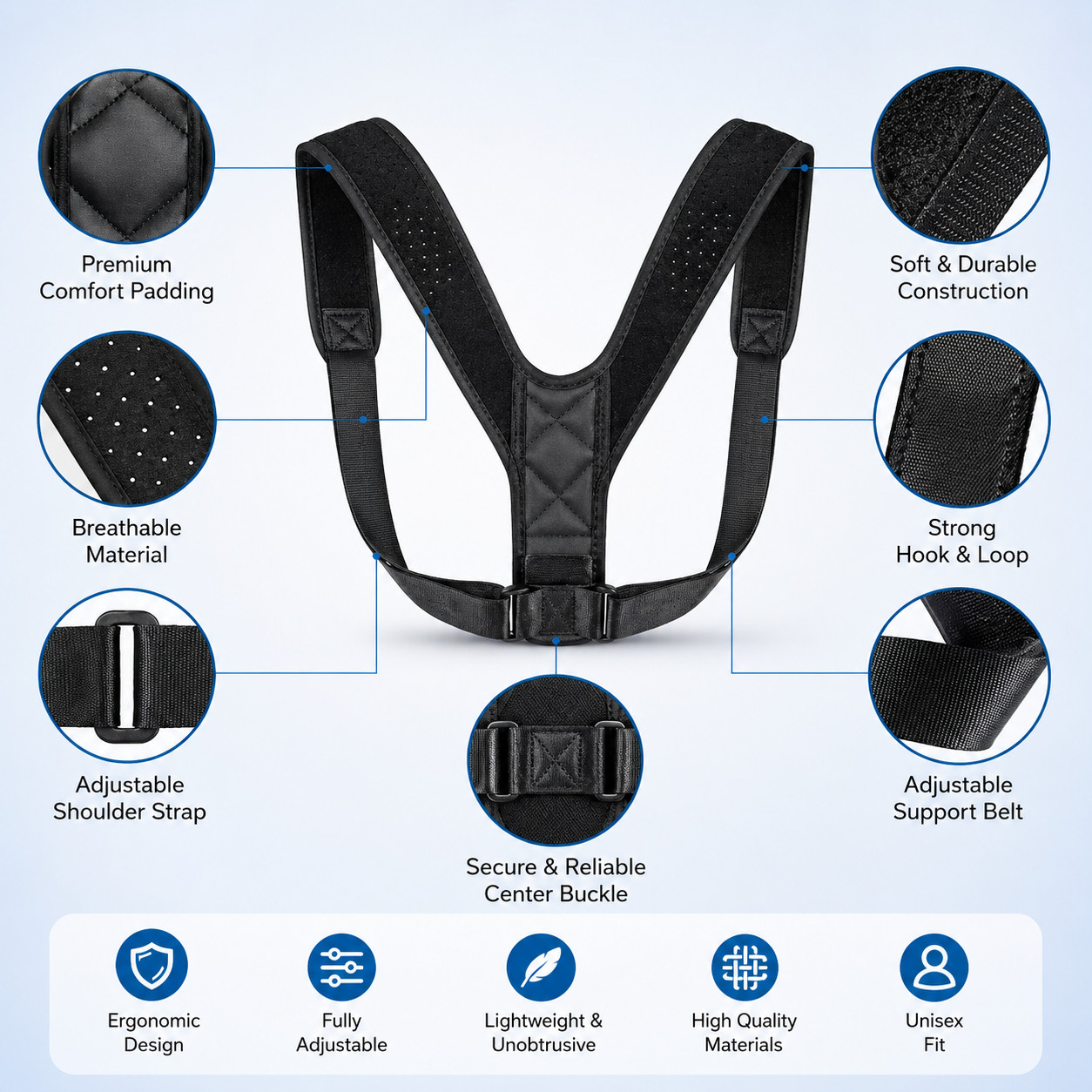 Adjustable Back Posture Correction Belt Breathable Support Brace for Men Women