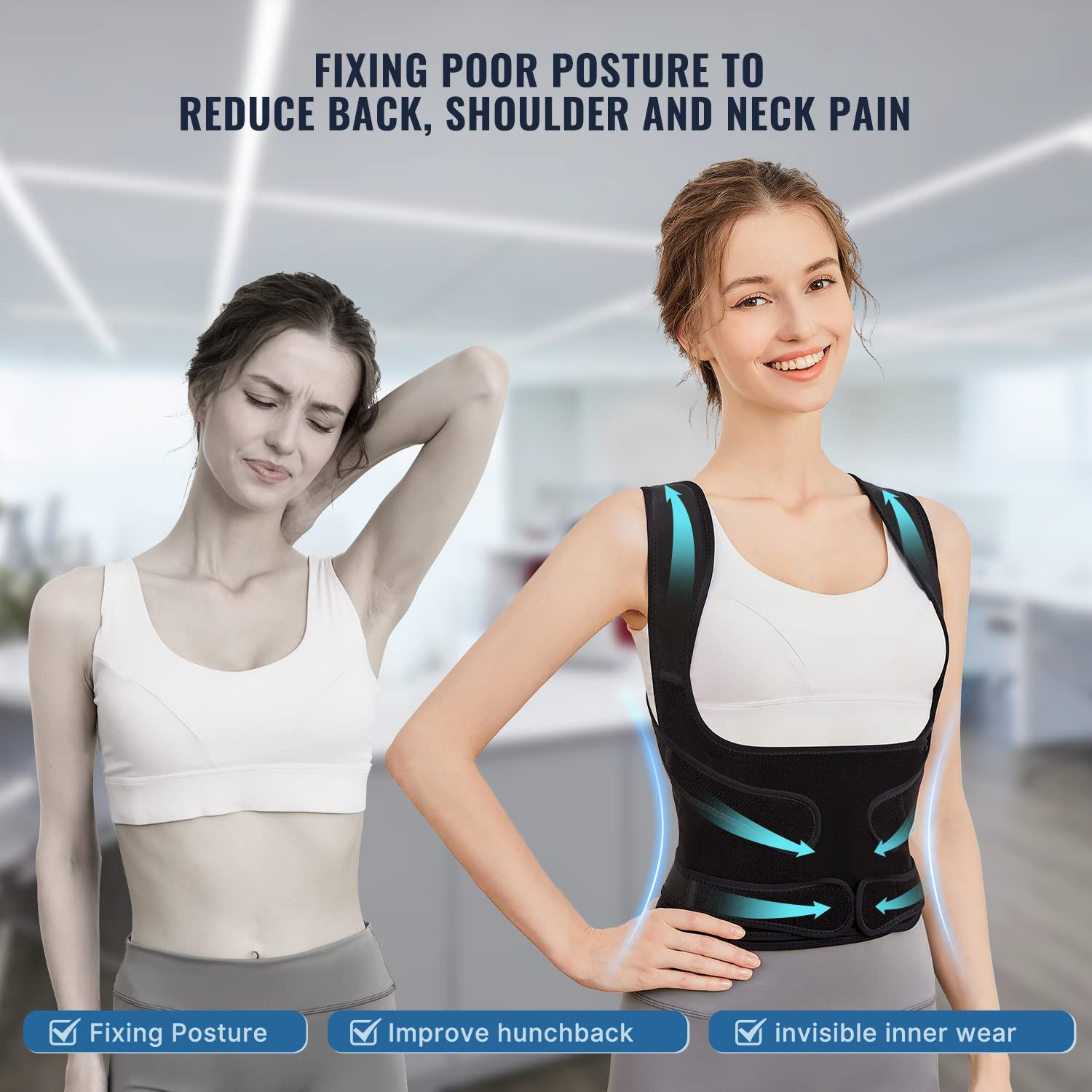 Fit Geno Back Brace Posture Corrector for Women and Men, Medium, Black