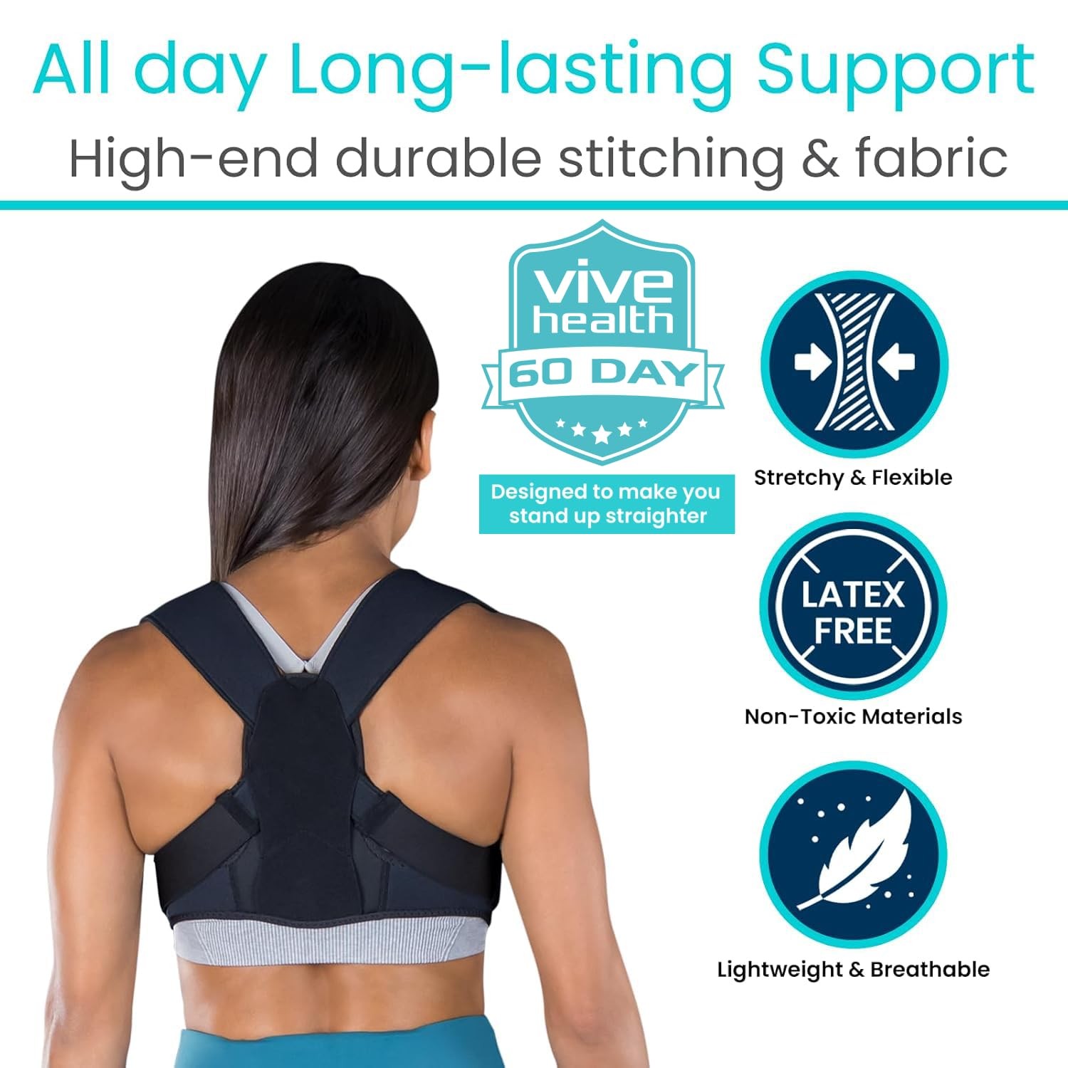 Vive Posture Corrector for Women & Men – Upper Back Brace Universal, Black