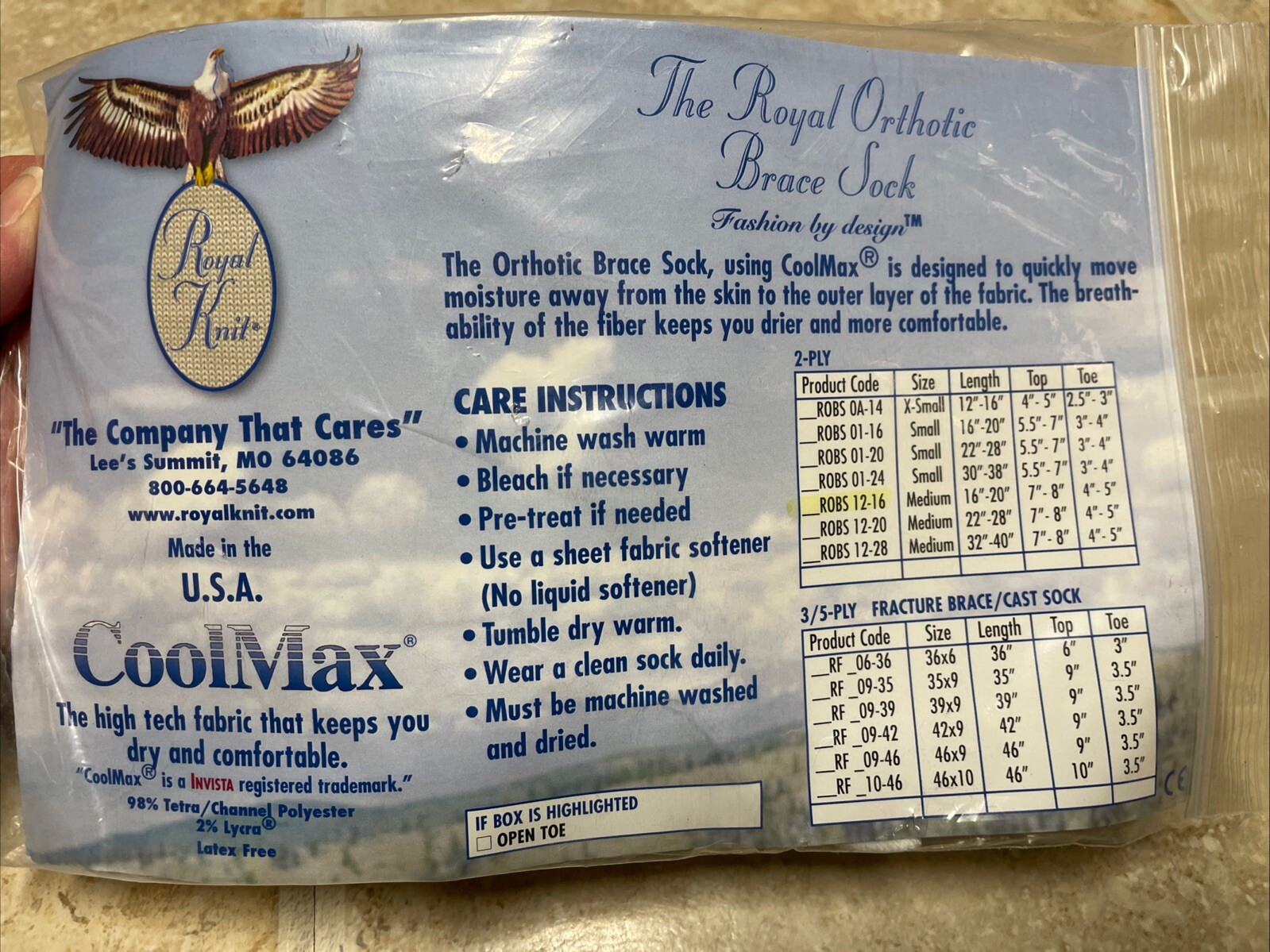 Royal Knit Prosthetic Sock Coolmax 2 Ply Medium 16-20” Length ROBS 12-16