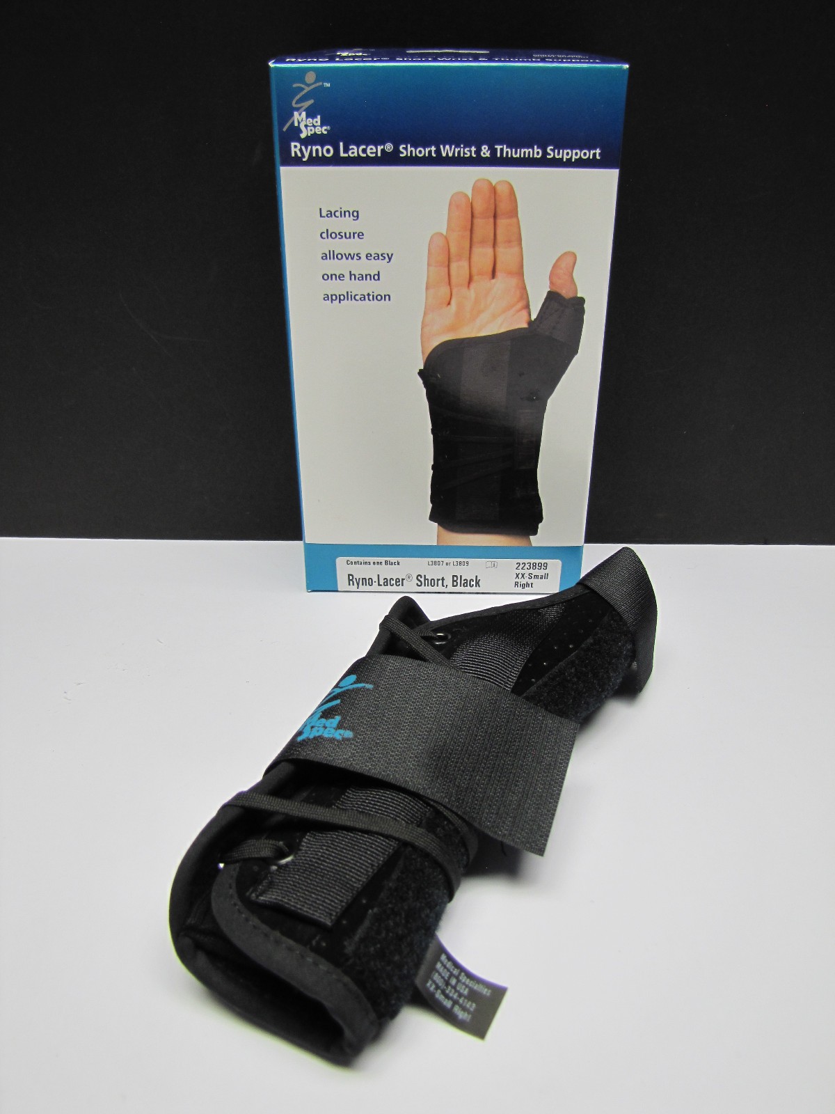 Med Spec Ryno Lacer Wrist Sprain T-Spica Support Brace Short Black Right XXSmall