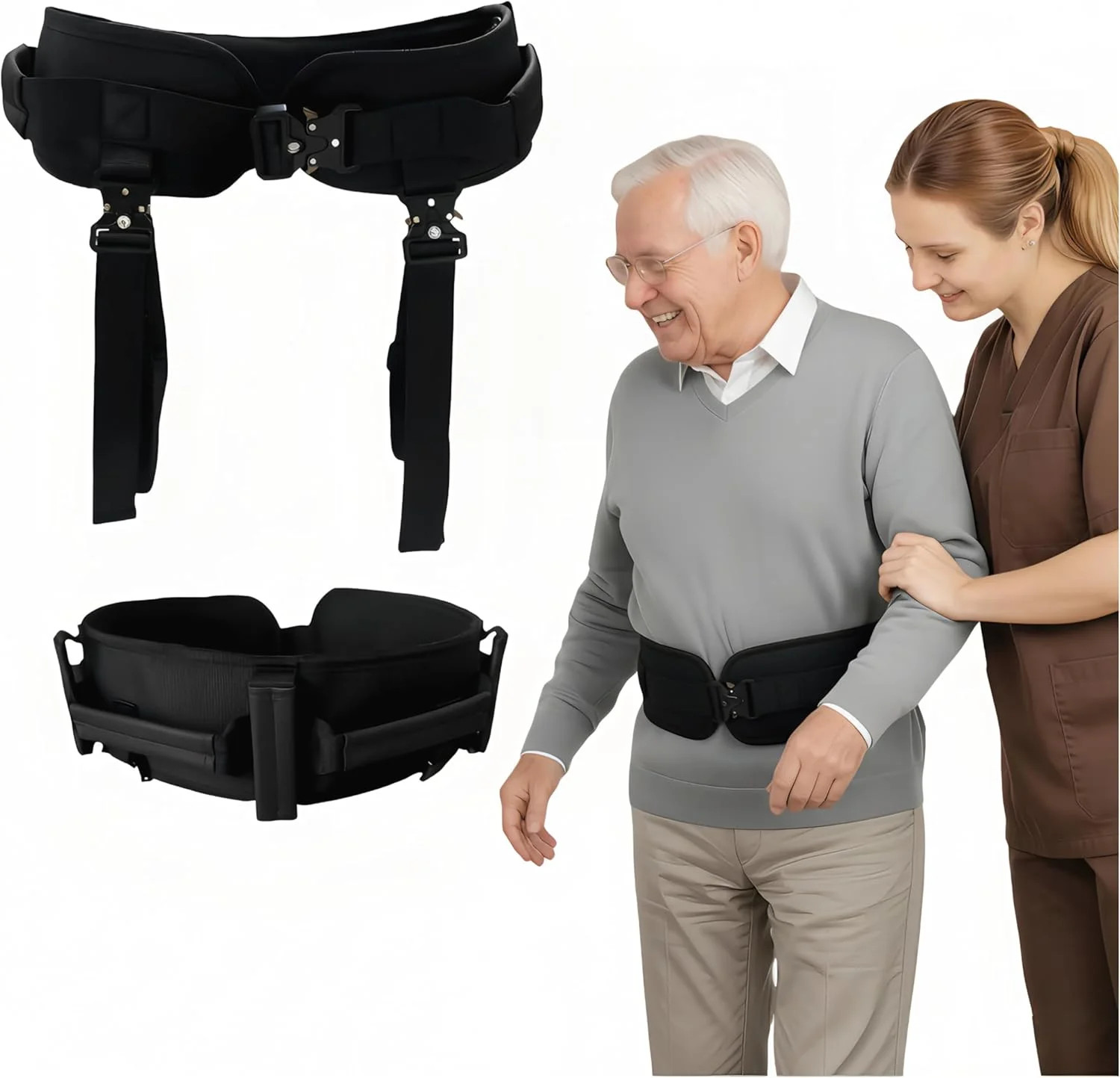 Gait Belt, Upgraded with Metal Buckle & Detachable Leg Straps, 7 Reinforced Hand