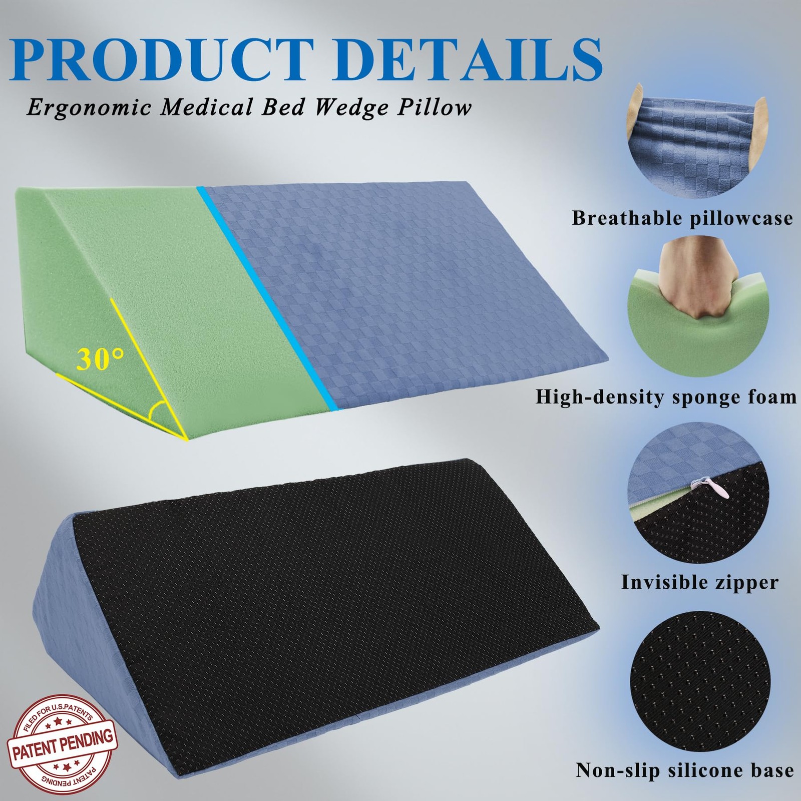 Jacobable Bed Wedge Pillow for Side Sleepers, Body 50*25*15.5CM, Light Blue