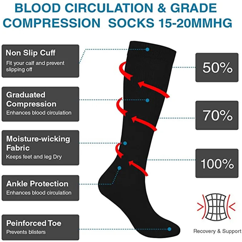 6 Pairs Compression 15-20mmHg Graduated Support Socks Calf Mens Womens S/M/L/XL