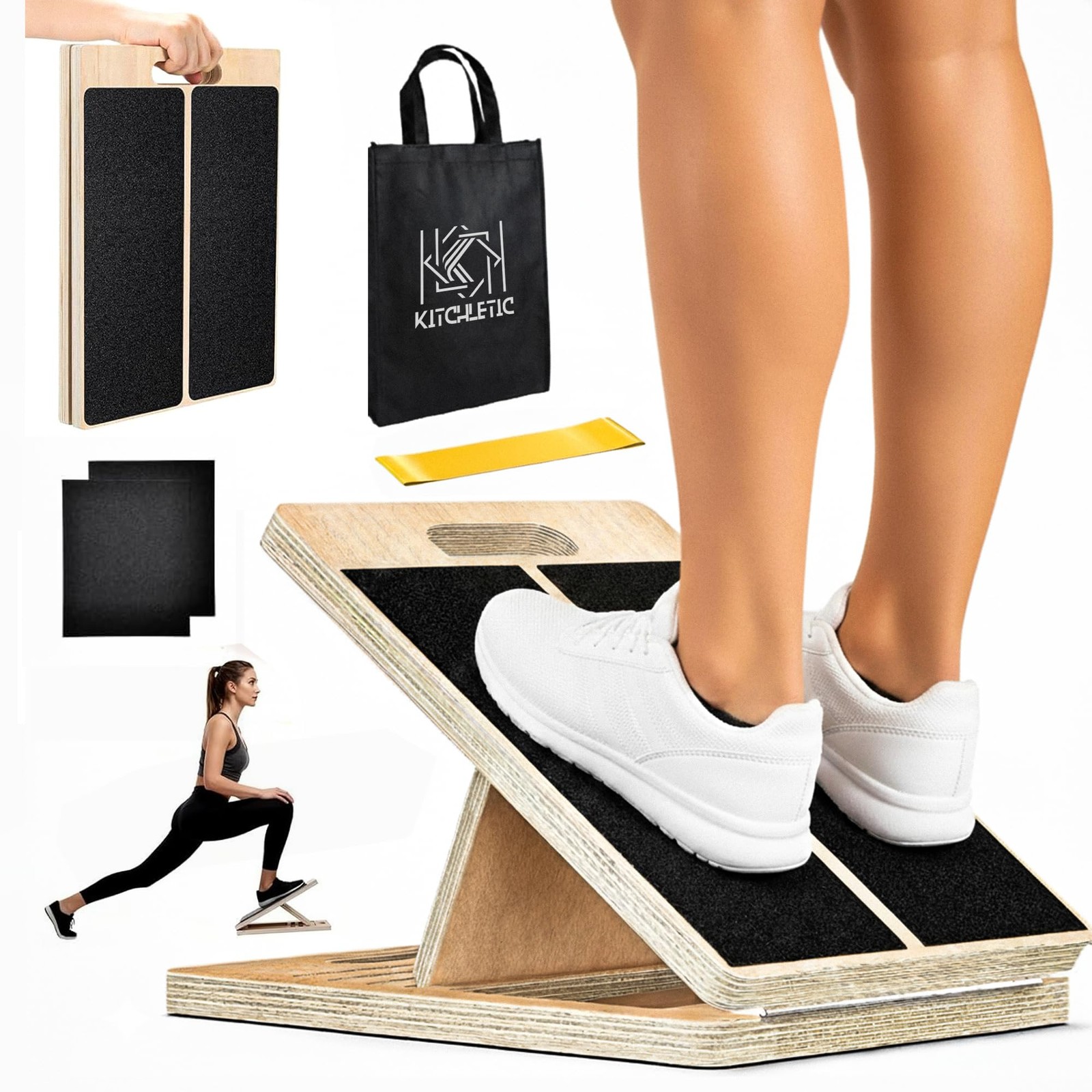 Adjustable Wooden Slant Board for Calf Stretching, Medium, Wood and Black