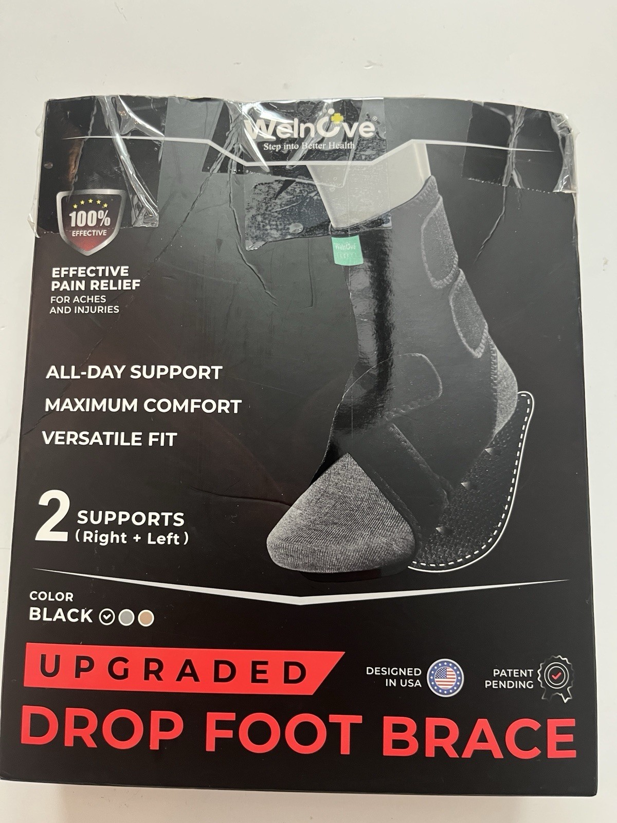 Welnove Upgraded Drop Foot Brace AFO Ankle Support Right & Left Black 2 Pack