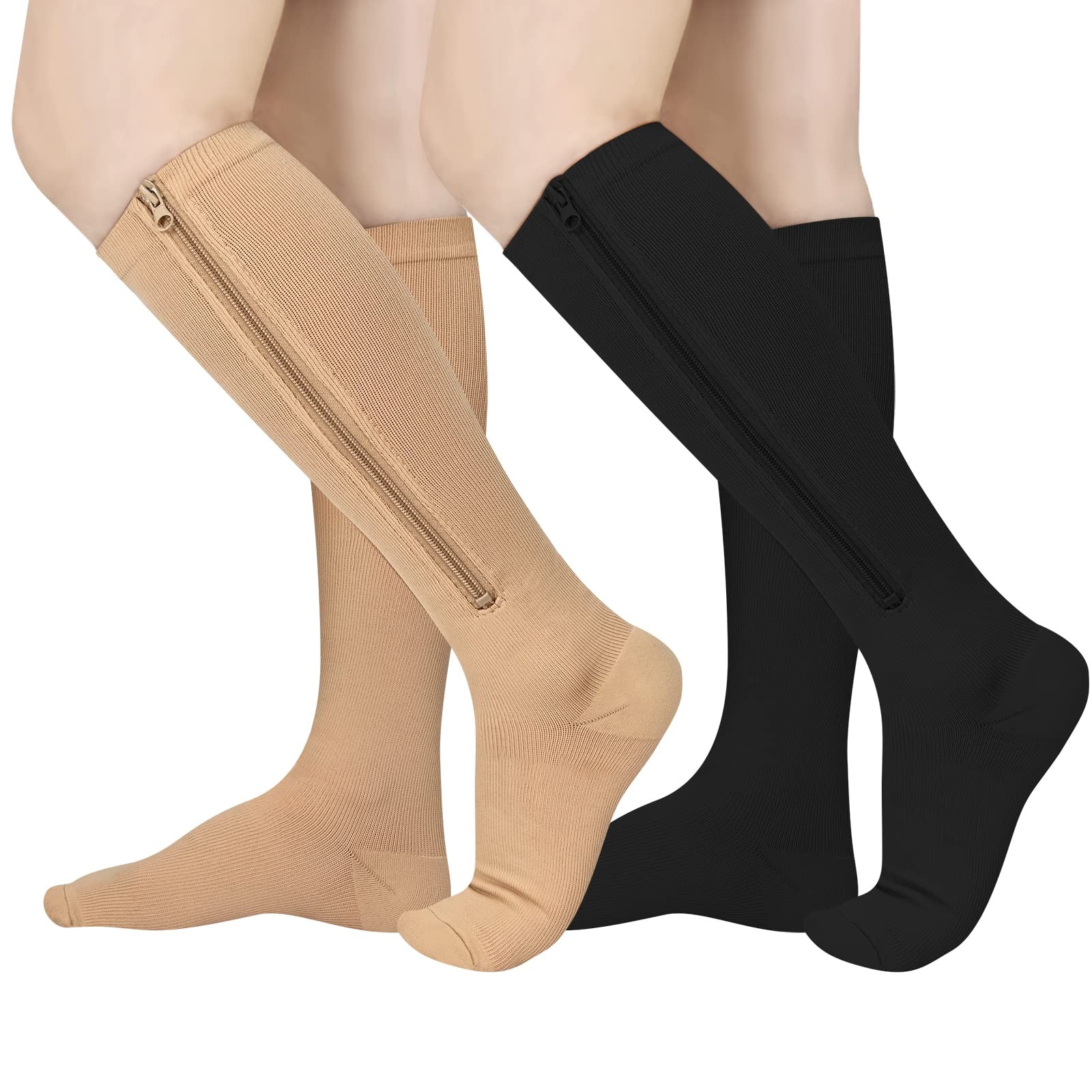2 Pairs Zipper Compression Socks, 15-20 mmHg Closed Toe, Stocking, Women, Men