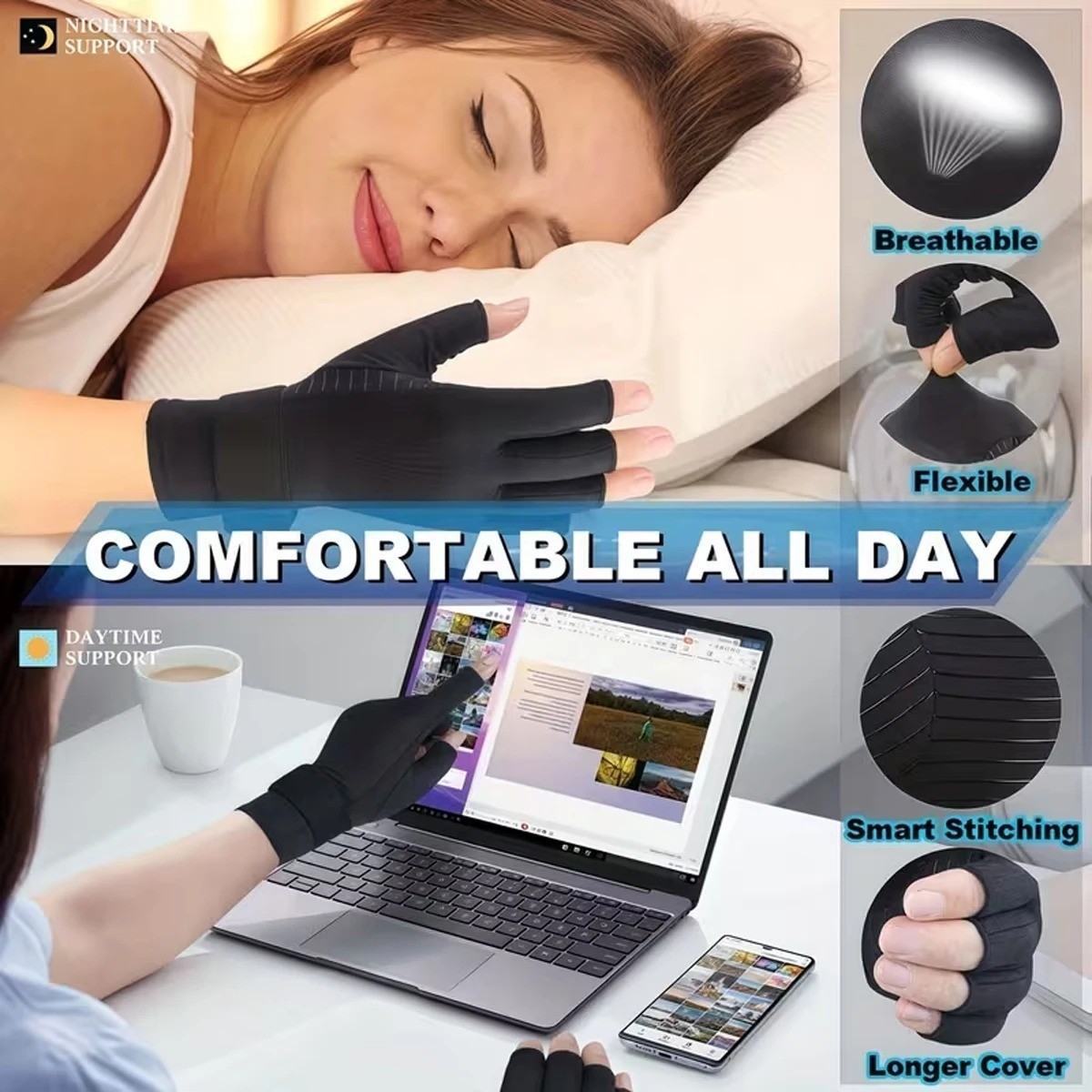 Copper Compression Gloves Anti Arthritis Fingerless Hand Support Pain Relief US