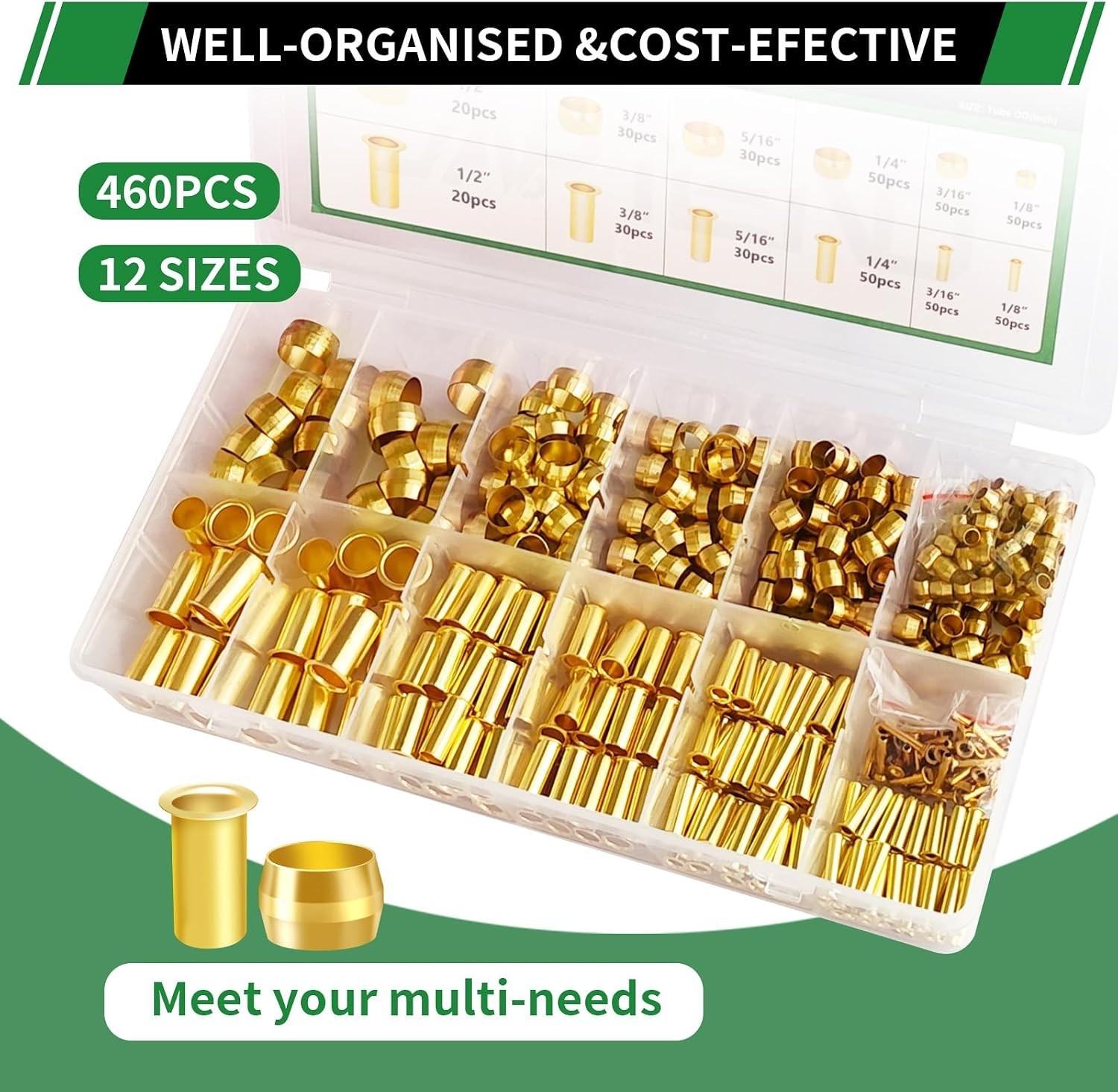 Comprehensive 460pcs Brass Ferrule Inserts in 6 Sizes for Pipe Connections