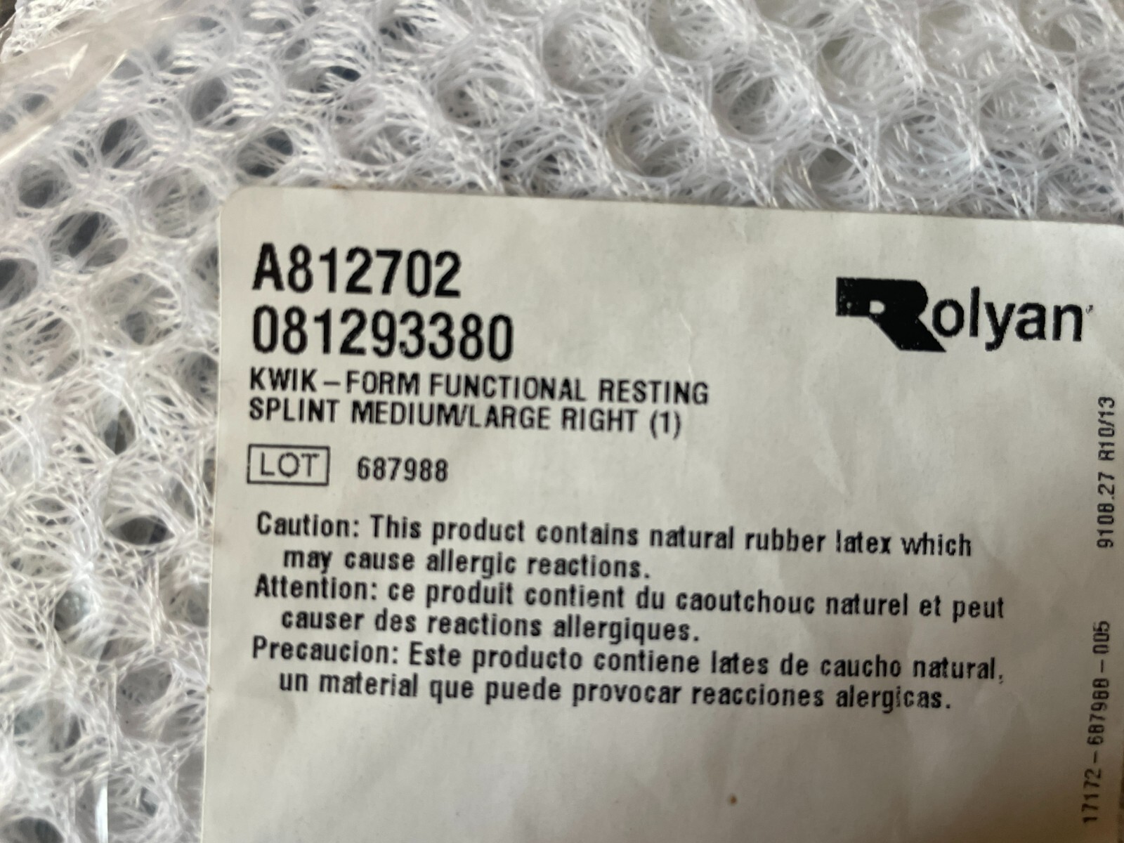 Rolyan Kwik-form functional resting splint, right, m/l 7-1/4″+ – Model A812702