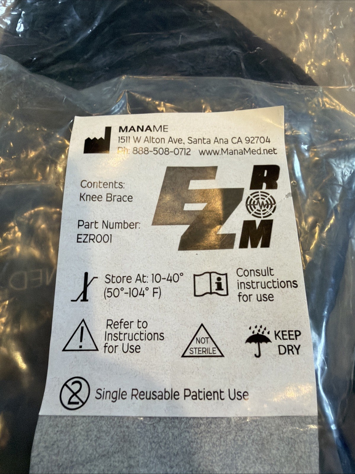KNEE BRACE ADJUSTABLE MANAMED EZ ROM Gel Ice Compression NO Ice Packs EZR001 New