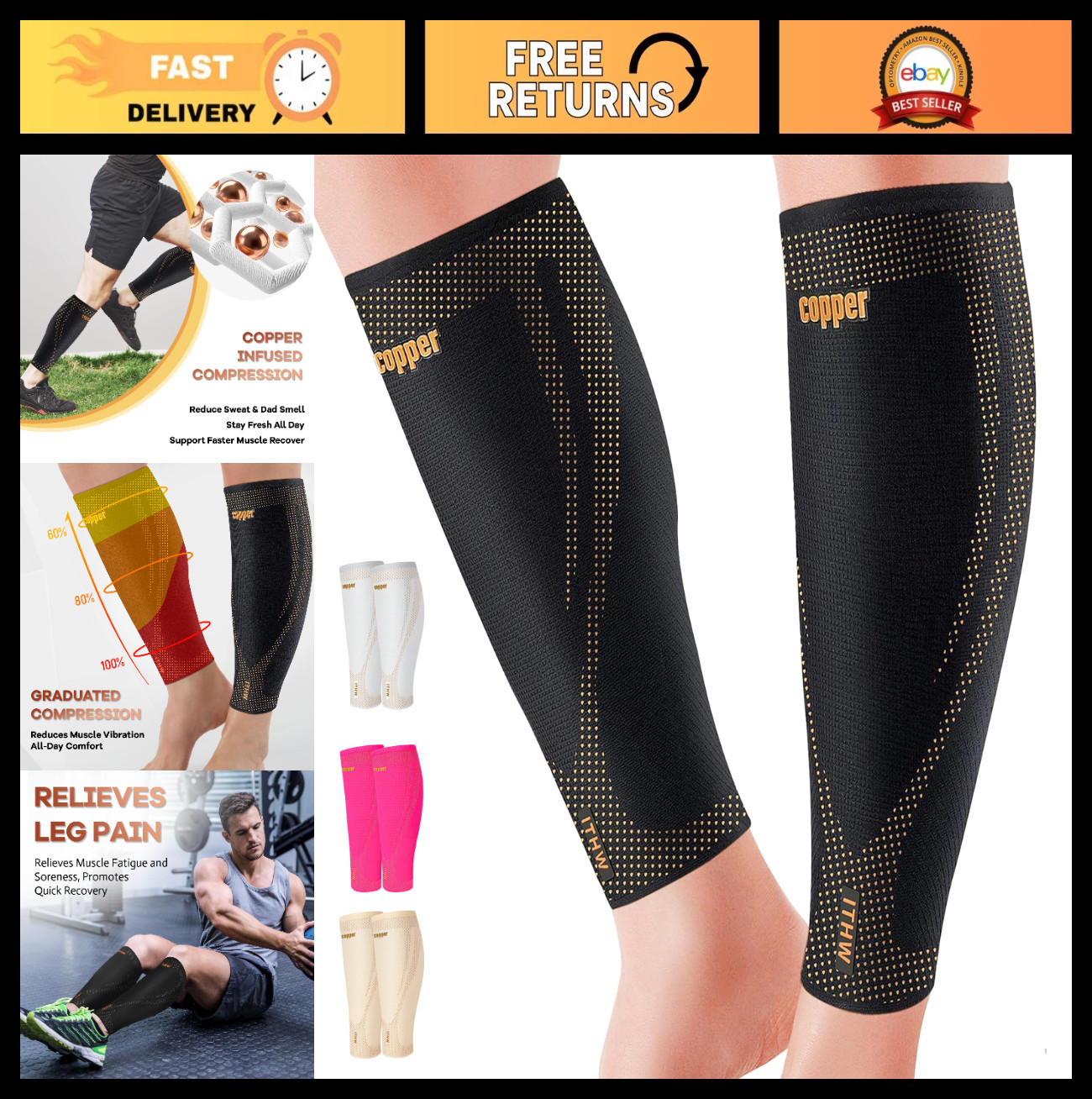 High Stretch Copper Calf Compression Sleeves for Runners & Travel | Anti-Slip, B