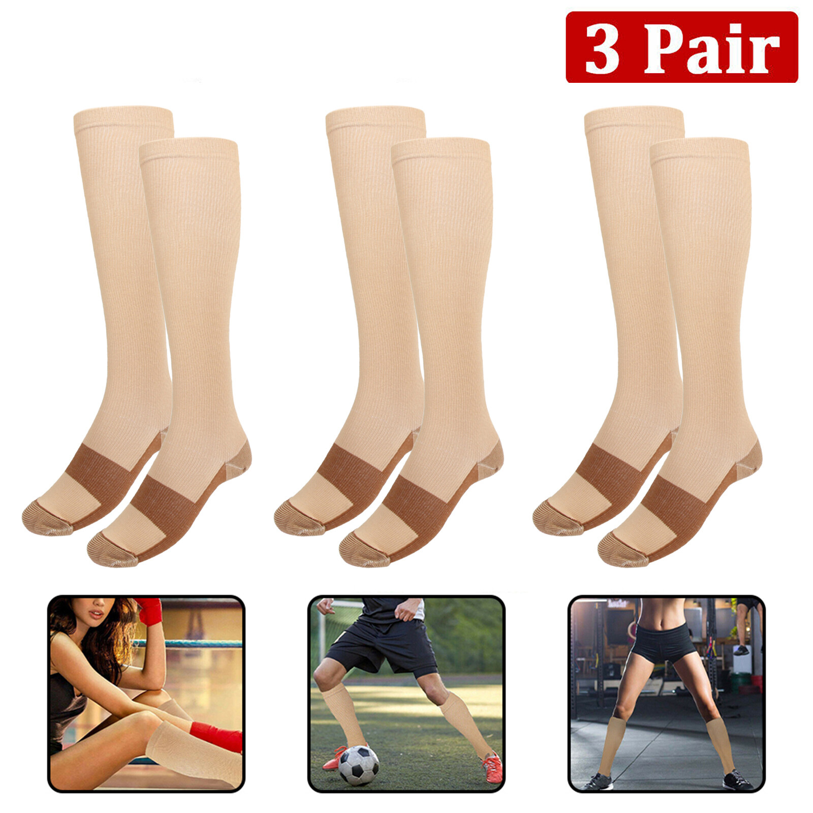 [3 Pairs] Copper Compression Socks 20-30mmHg Graduated Support Mens Womens S-XXL