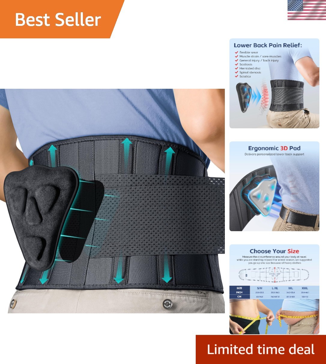 Comfort-Fit Adjustable Back Brace with Wide Compression for Lumbar Relief, L/XL