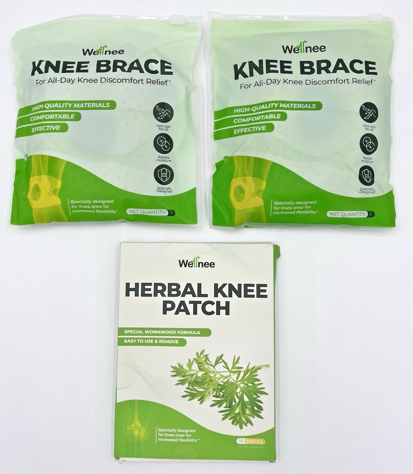 Lot of 3 – 2 Wellnee Knee Compression Braces & 1 Herbal Knee Patches 10-pk