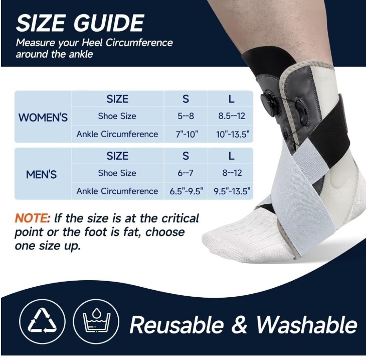 Knob-Adjustable Ankle Brace w/ Removable Stabilizers – L Size – Plantar Fasciiti