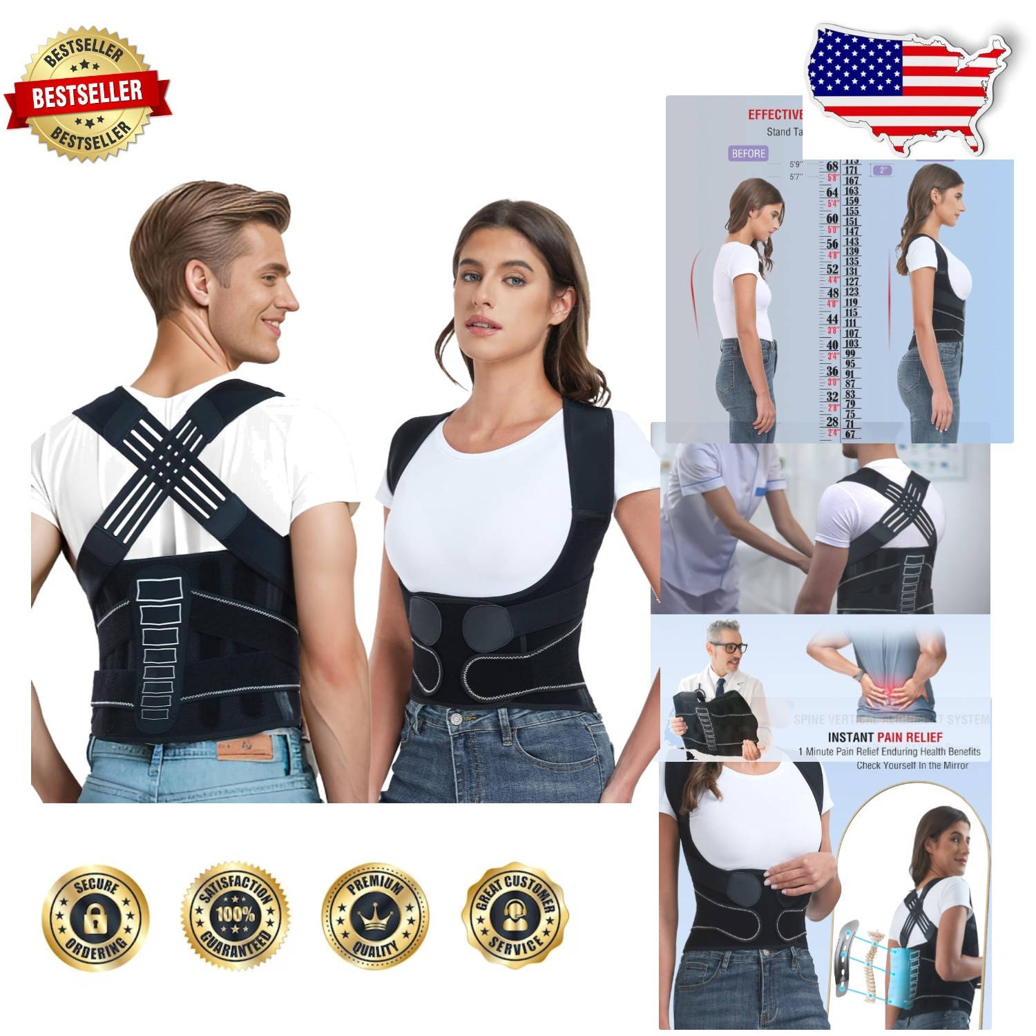 Posture Corrector Brace: Spine Alignment, Back Pain Relief, Small Black