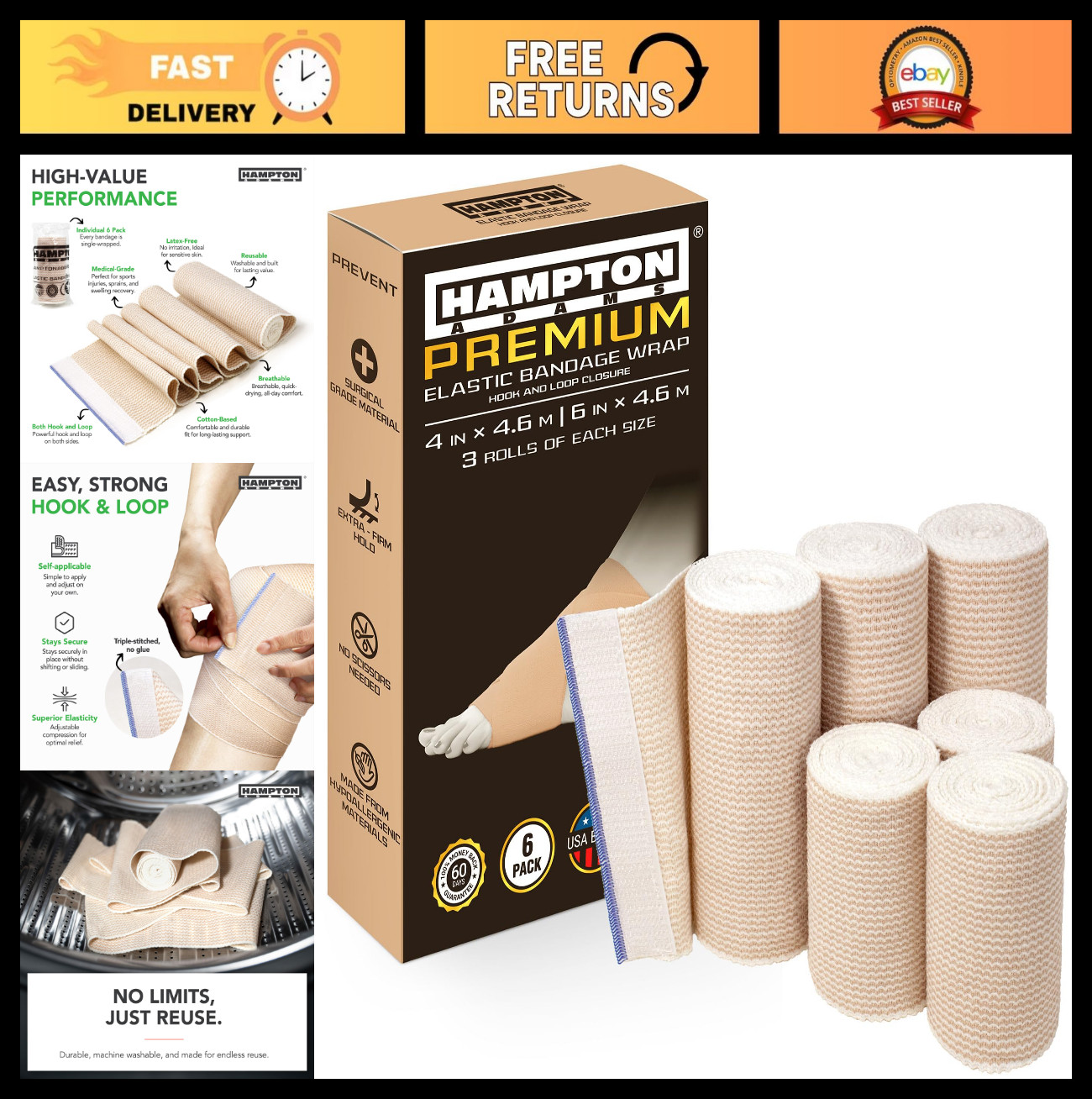 Elastic Bandage Wraps 6-Pack | Self Closing Latex-Free Compression | Multiple Si