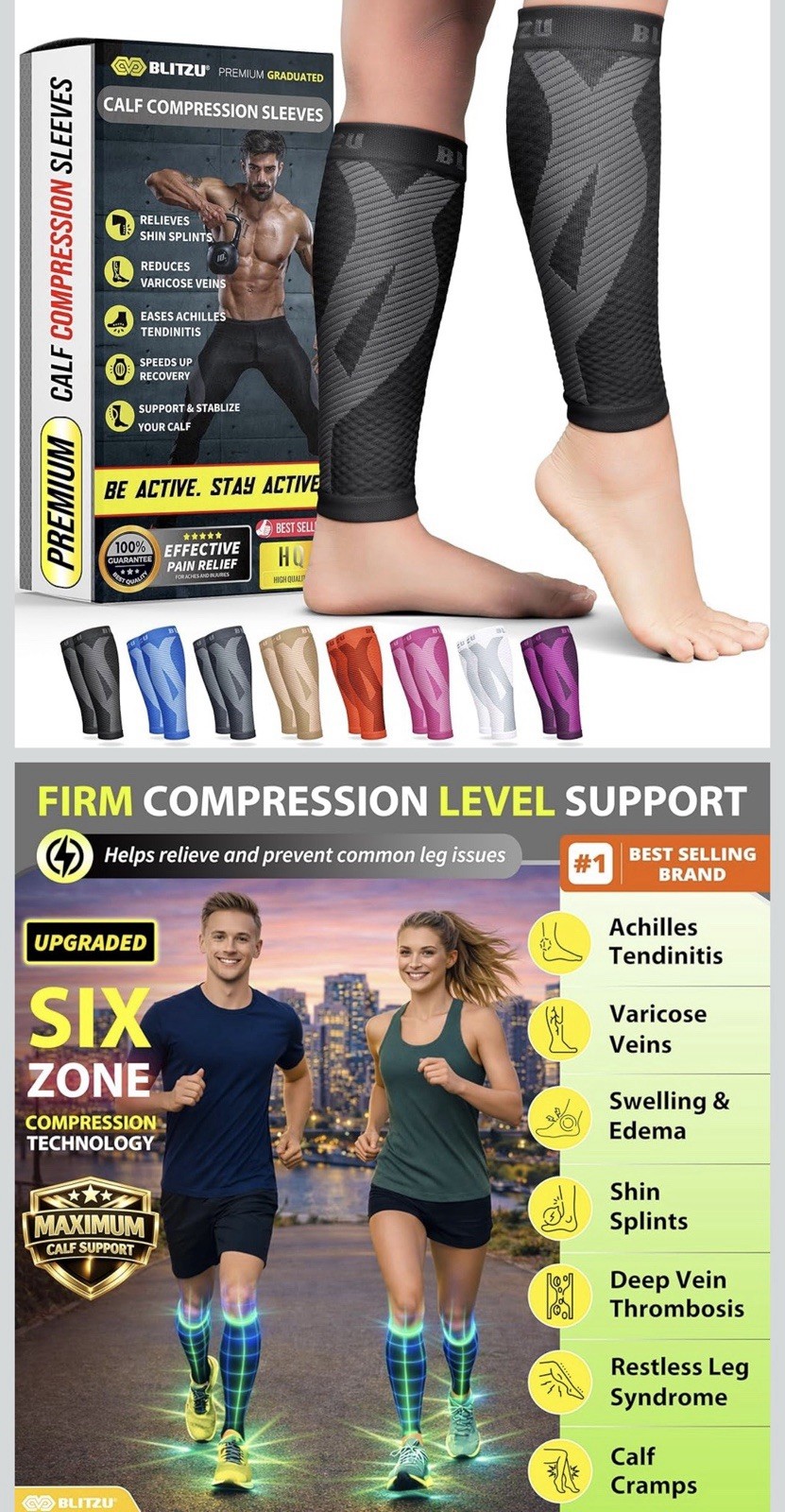 BLITZU Calf Compression Sleeve Footless Socks Leg Support Shin Splint Black S-M