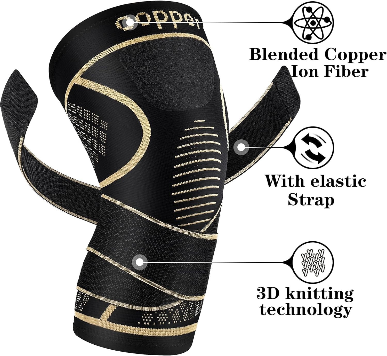 Copper Knee Braces with Strap 2 Pack Compression Sleeve Arthritis Joint Pain Aid