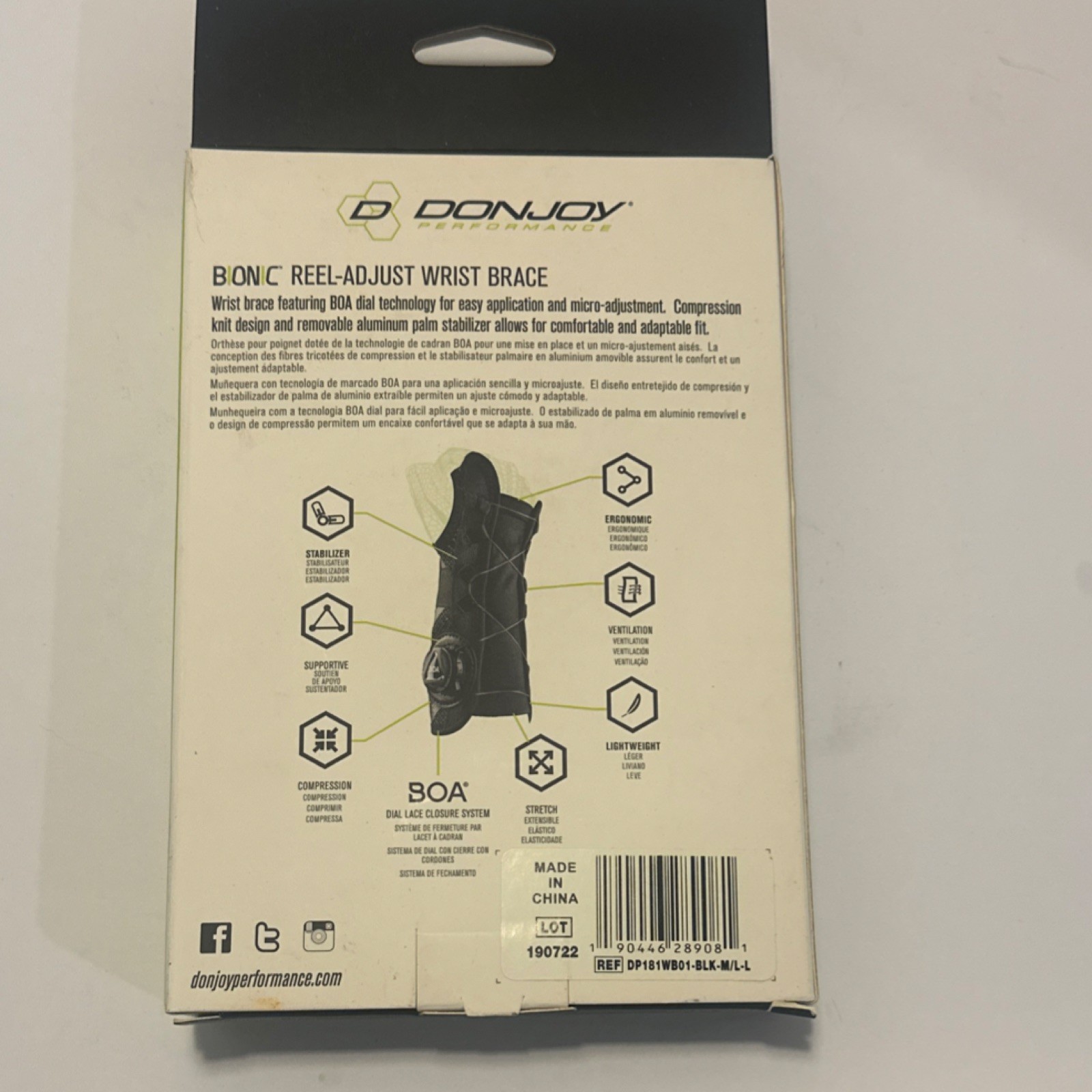 DonJoy Bionic Reel-Adjust Adjustable Wrist Brace M/L Black Compression