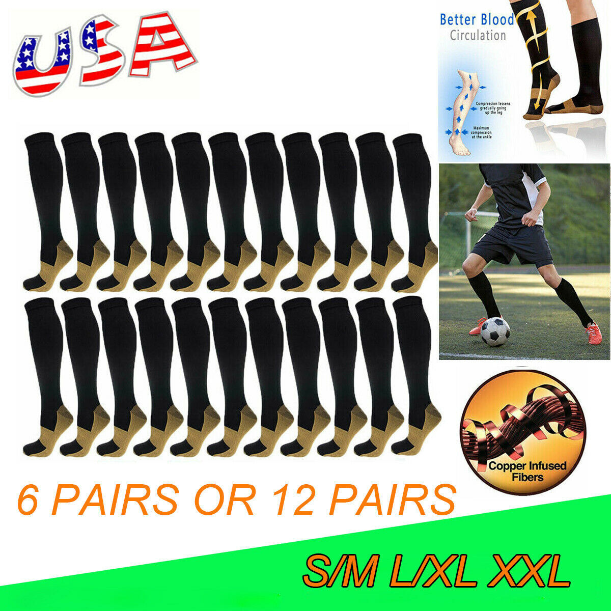 6/12Pairs Copper Compression Socks 20-30mmHg Graduated Support Men’s Women’s XXL