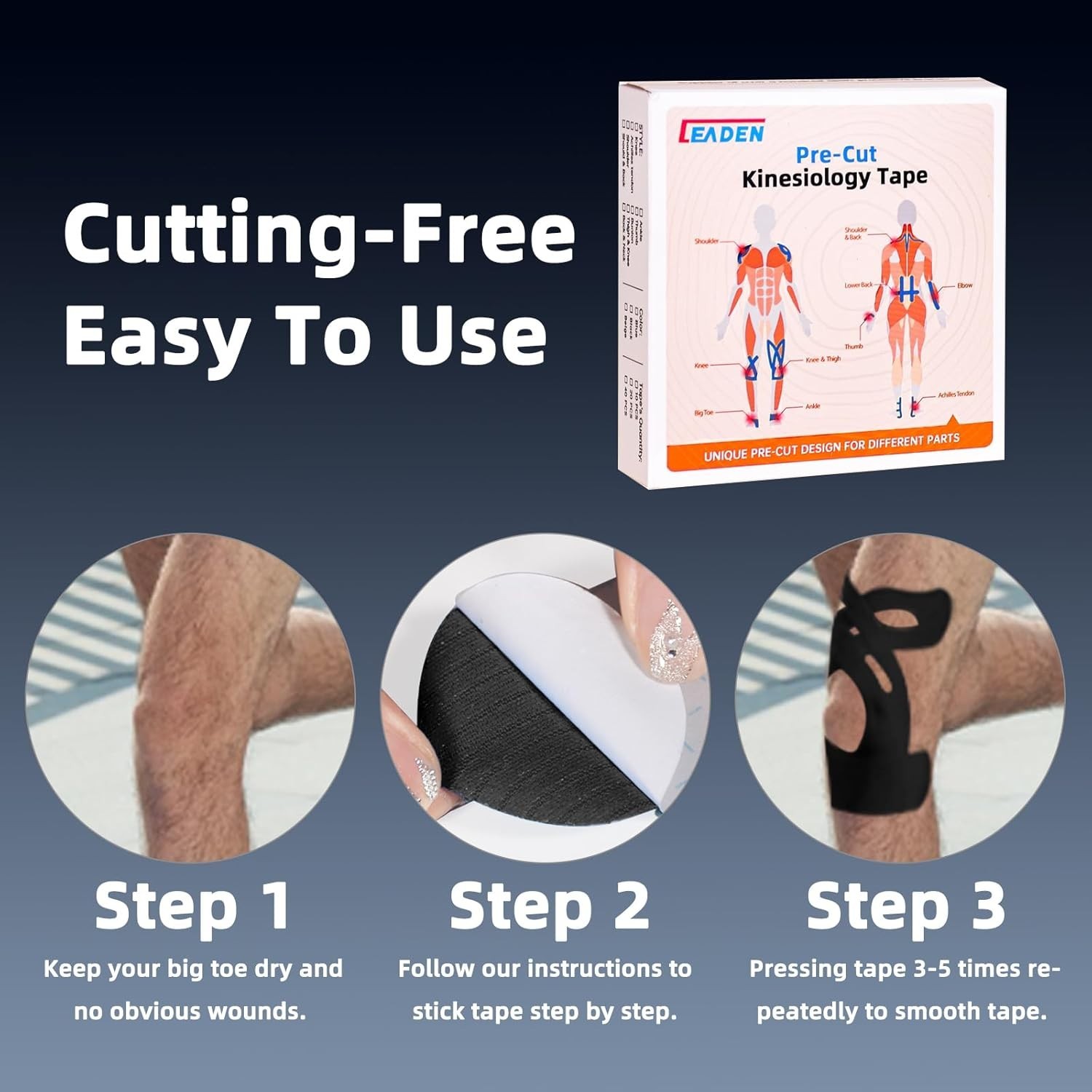 Precut Kinesiology Tape for Knees 20 Pcs Waterproof Elastic Pain Relief Black
