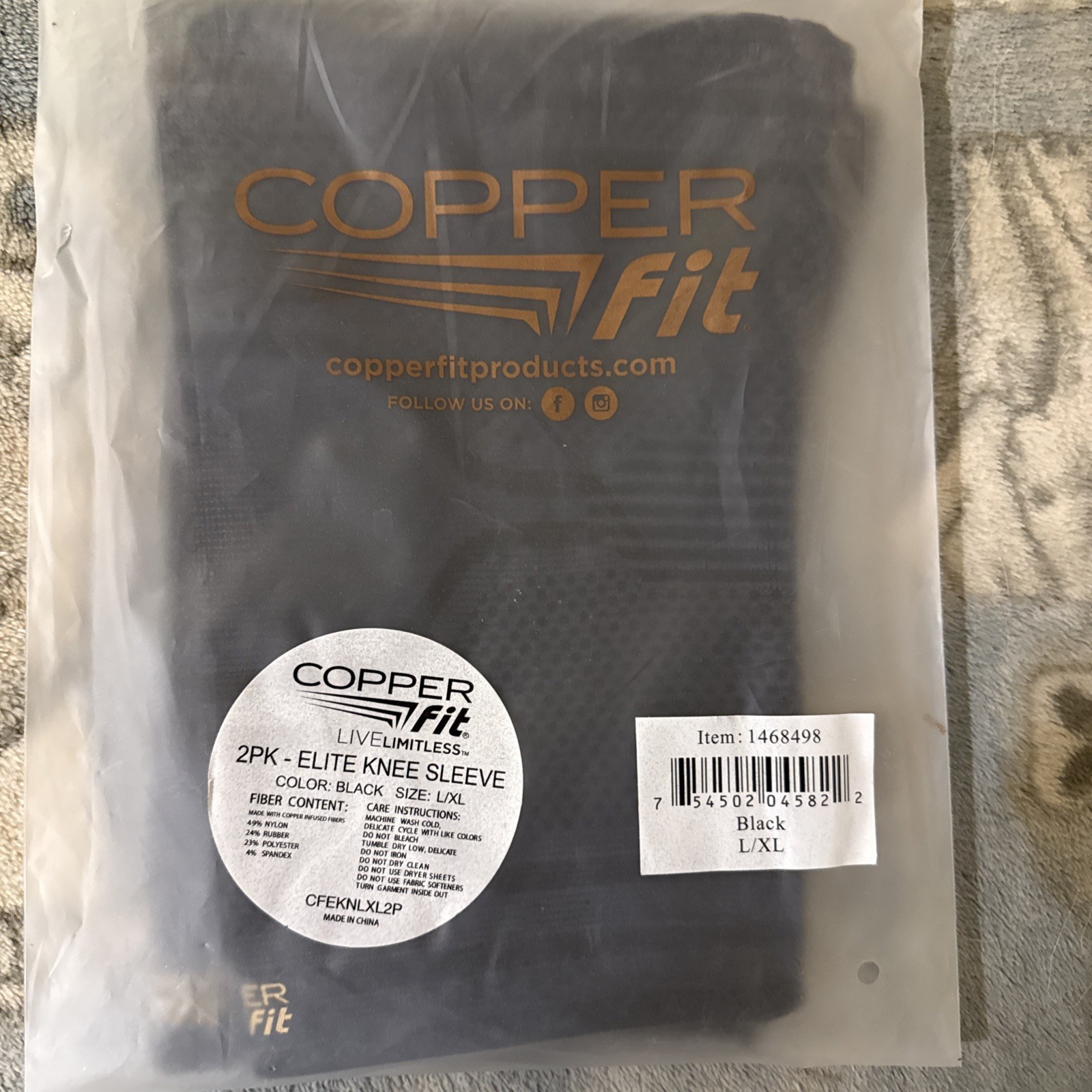 Copper Fit Copper Elite Knee Sleeve 2 Pk Package /New Black. L/XL