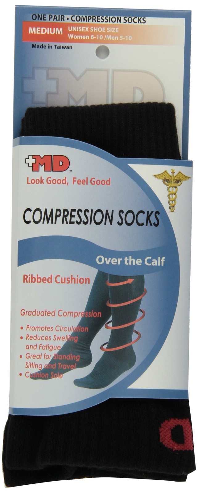 MD USA Ribbed Cotton Compression Socks with Cushion, Black, Medium black