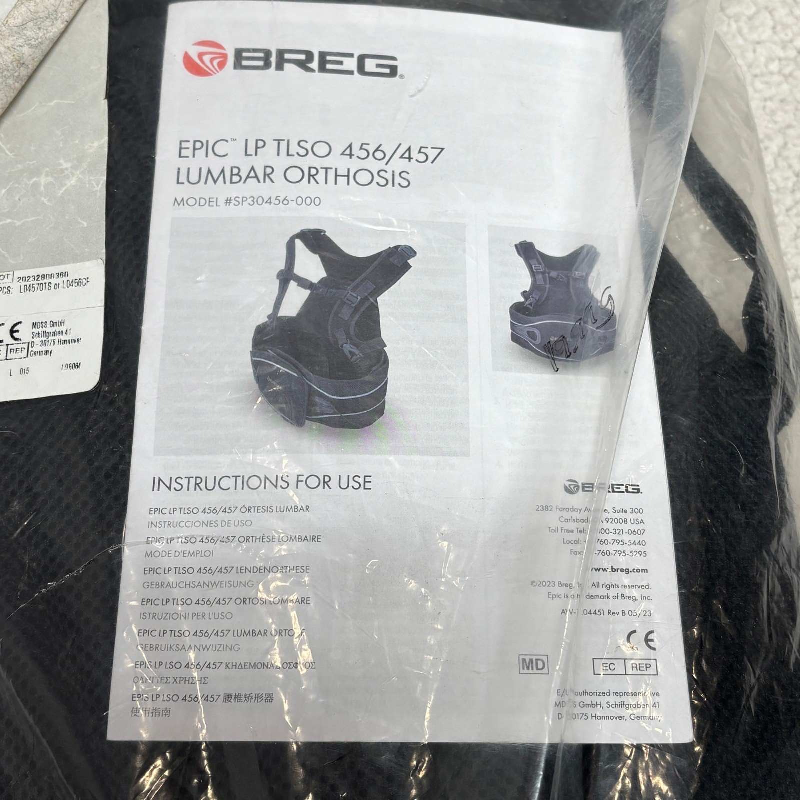 Breg Epic LP TLSO 456/457 Adjustable Back Brace Lumbar Orthosis SP30456-000