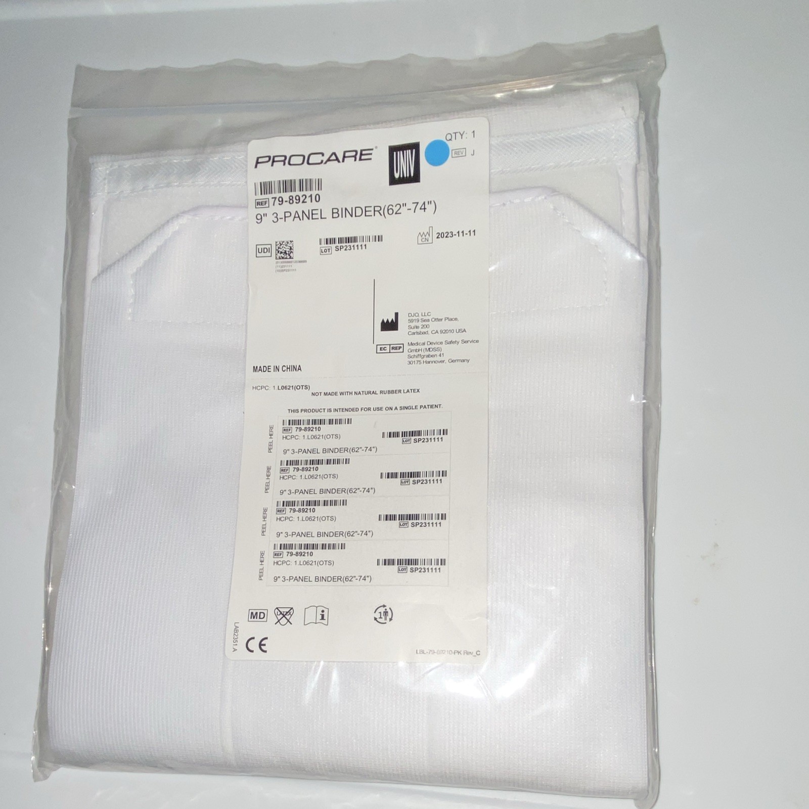 ProCare 9″ 3-Panel Elastic Abdominal Binder, Universal 62-74″ White 79-89210