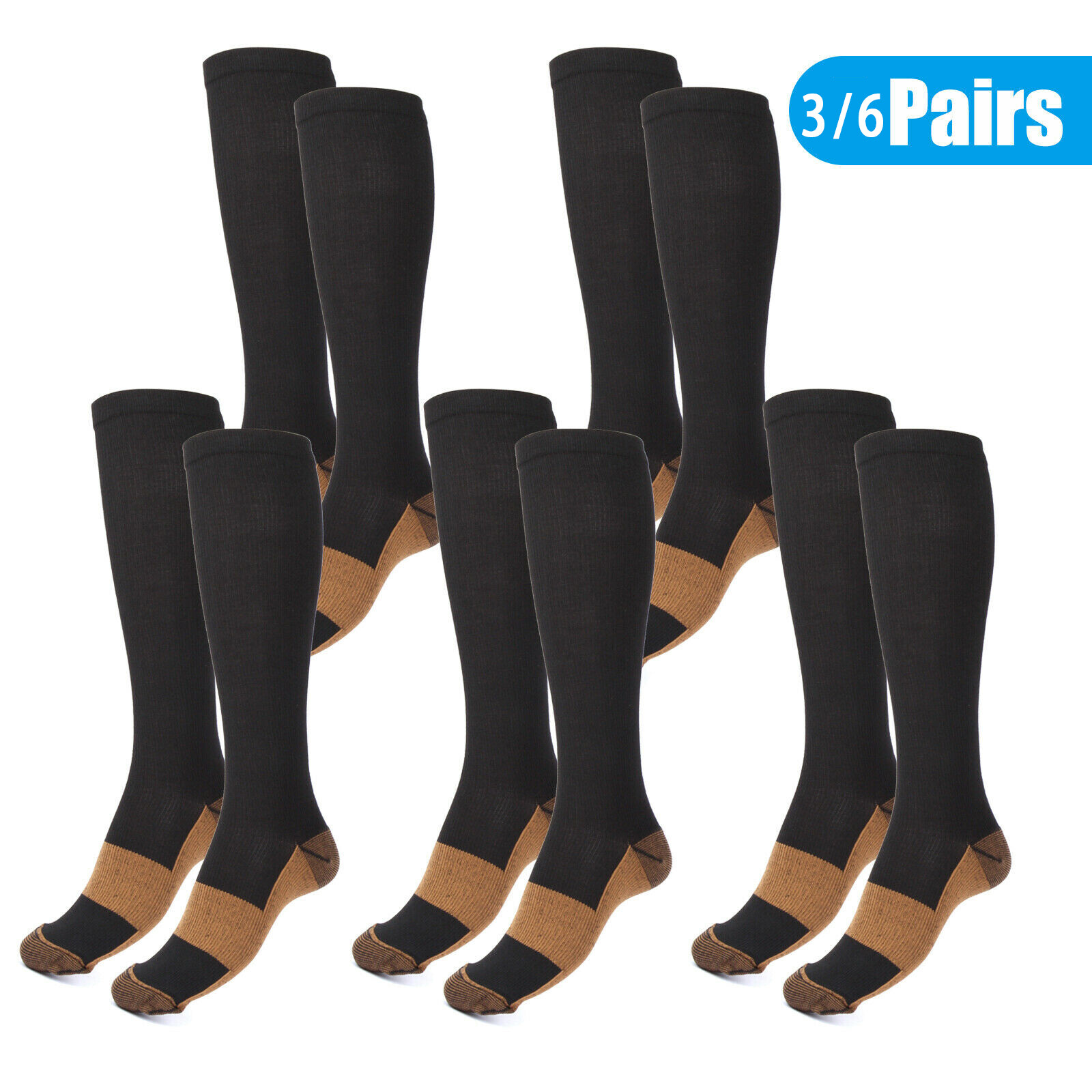 6 Pack Compression Socks (20-30mmHg) Moisture Wicking Cotton Support Stocking US