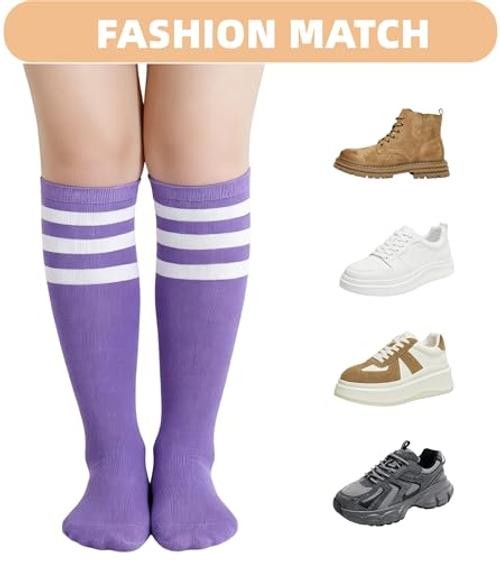 Women Men Knee High Athletic Socks Casual Stripes Retro Tube A02-white/Purple