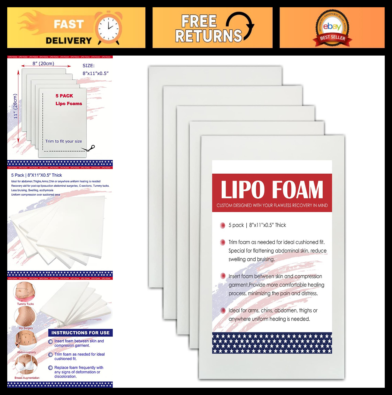 5 Pack Lipo Foam Pads for Post-Surgery Abdominal Compression – 8″ x 11″ Sheets