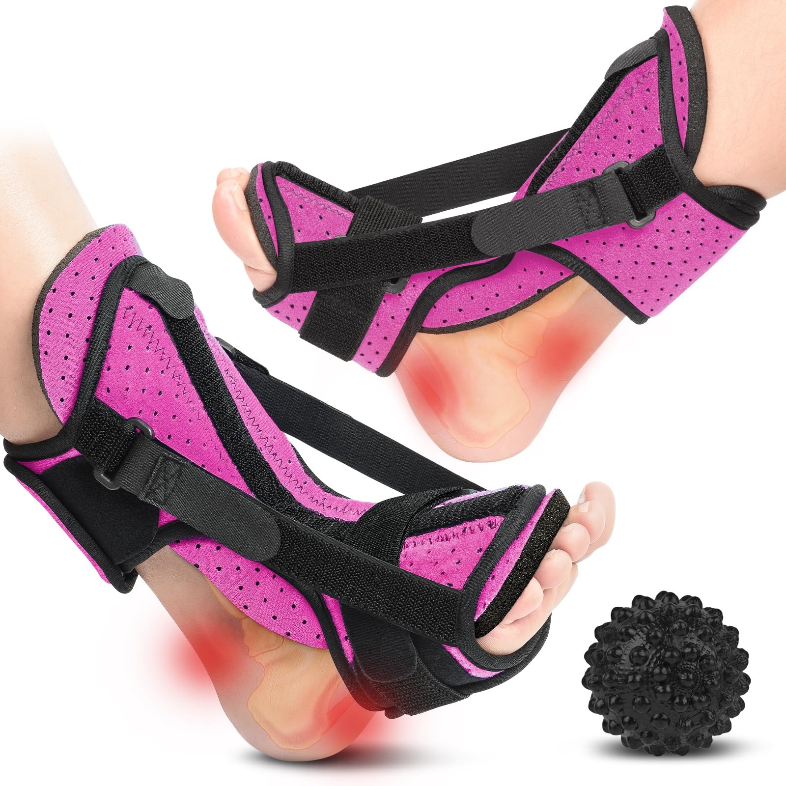 Runkelai Plantar Fasciitis Night Splint with Massage Ball 2 Pack Pink