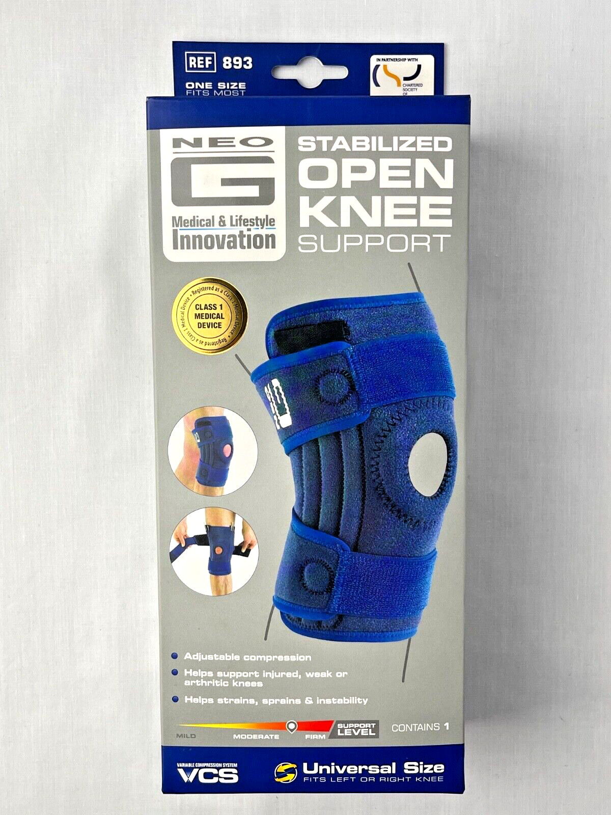 NEO G INNOVATION STABILIZED OPEN KNEE SUPPORT UNIVERSAL SIZE 893 OPEN BOX