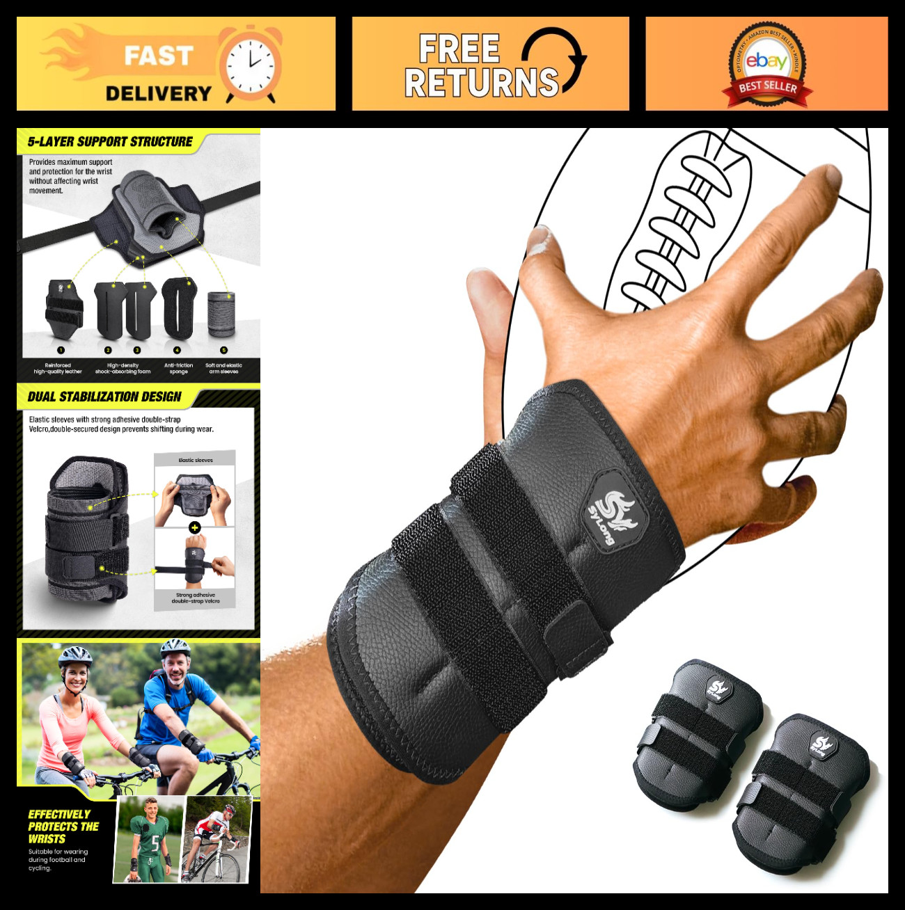 Football Wrist Brace Support Guard for Cycling, Biking, Motocross – 2-Pack, L