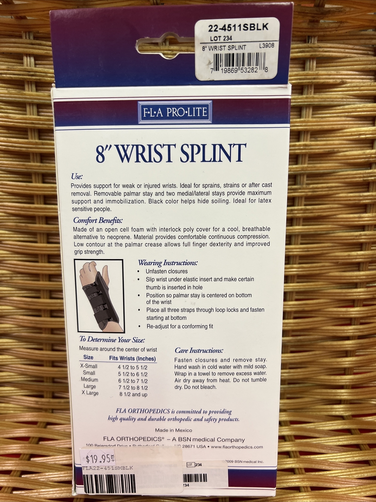 FLA Pro-Lite 8″ Wrist Splint Black Left Hand X-Small New In Box