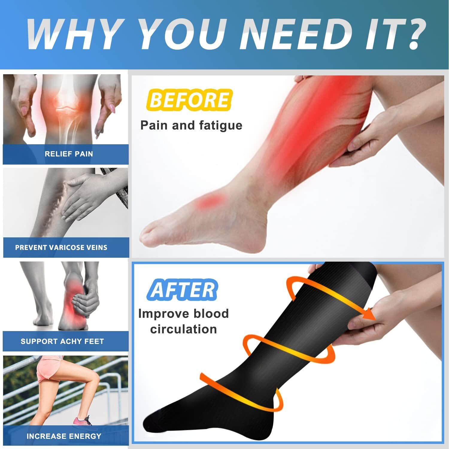 Swelling Compression Socks 20-30mmHg Knee High Support Stockings Varicose Pain