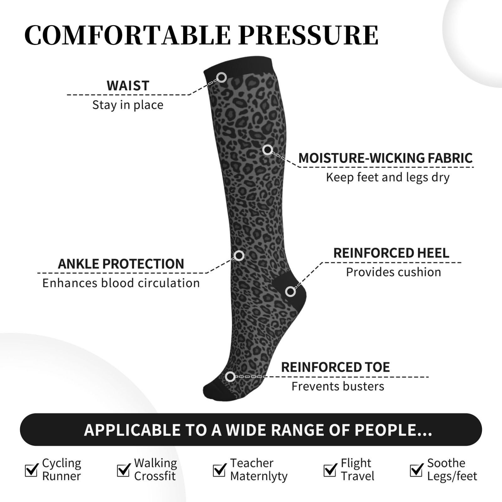 Grey Leopard Compression Socks For & Men 15-20 Mmhg, Best For Running, Nursin…